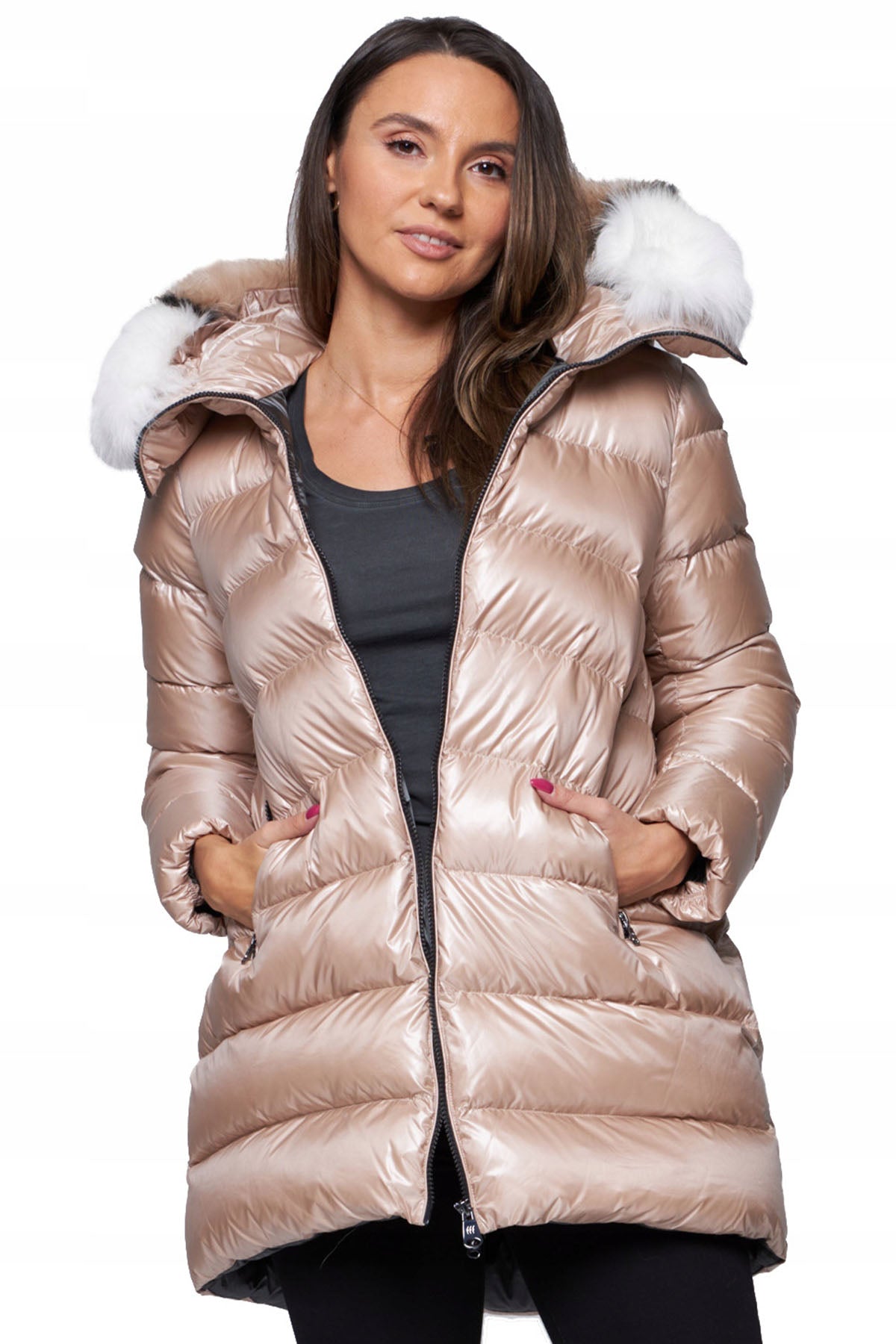 Hetrego Hygiea Kürklü Yaka Parlak Puffer Mont-Libas Trendy Fashion Store
