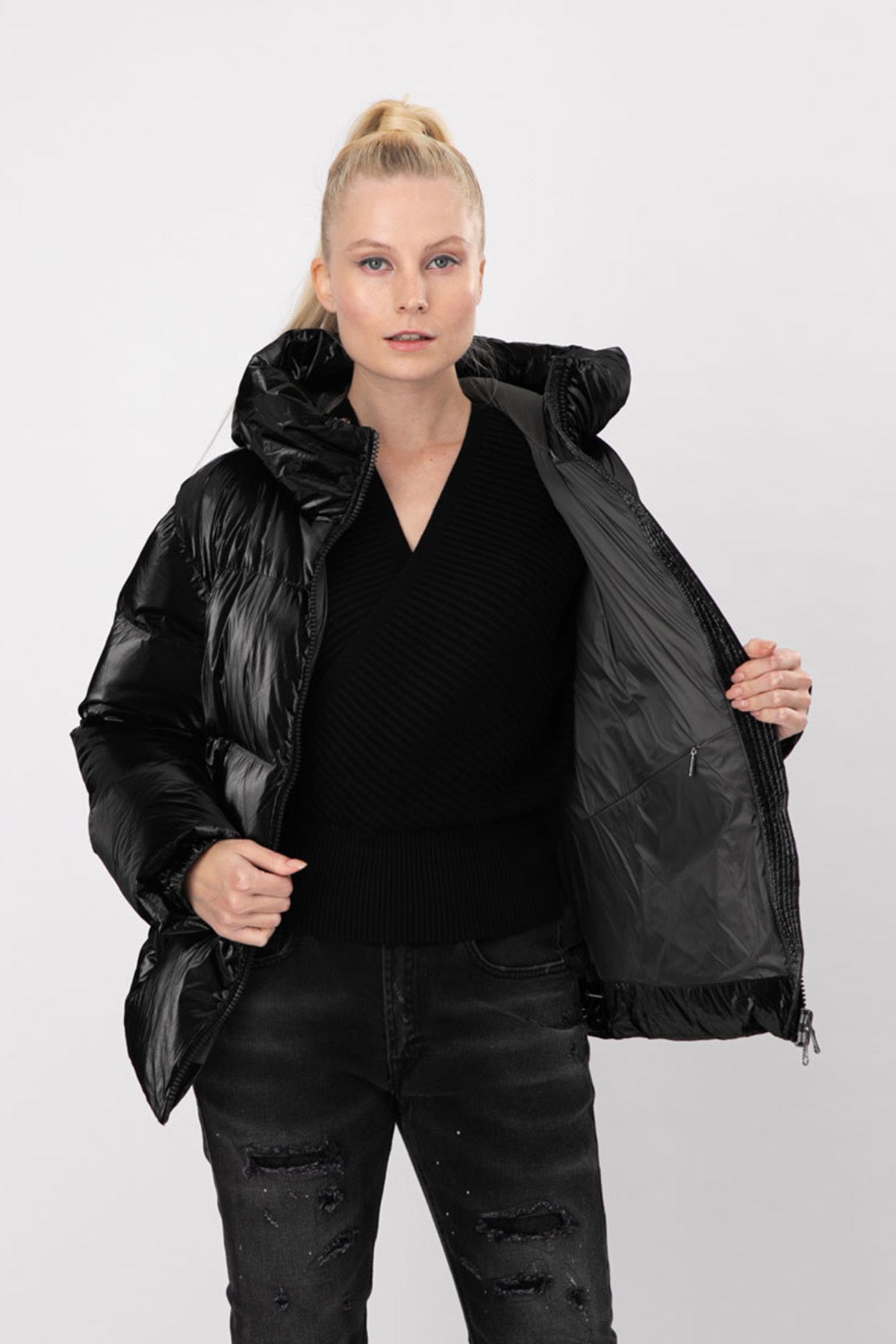 Hetrego Roxie Kapüşonlu Parlak Puffer Mont-Libas Trendy Fashion Store