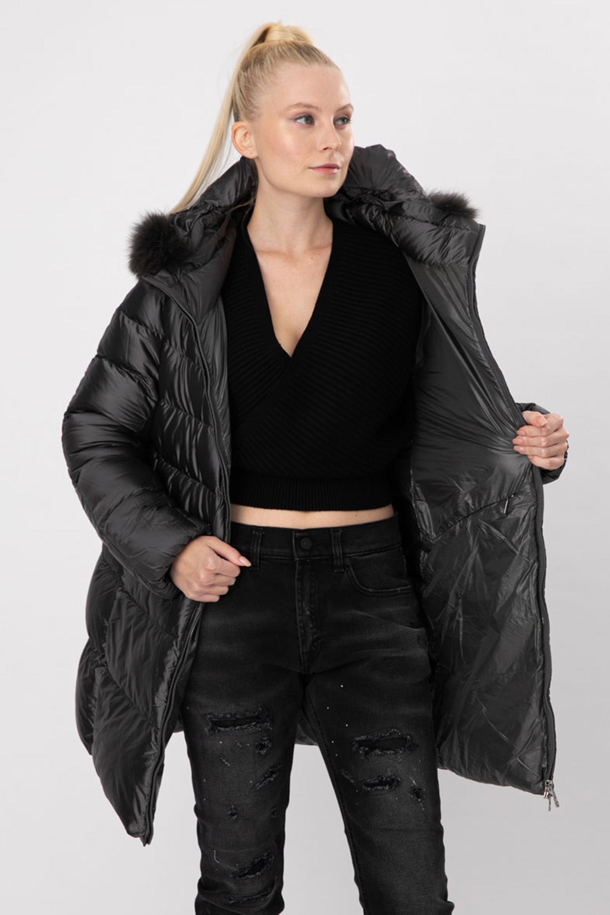 Hetrego Hanna Kürklü Kapüşonlu Puffer Mont-Libas Trendy Fashion Store