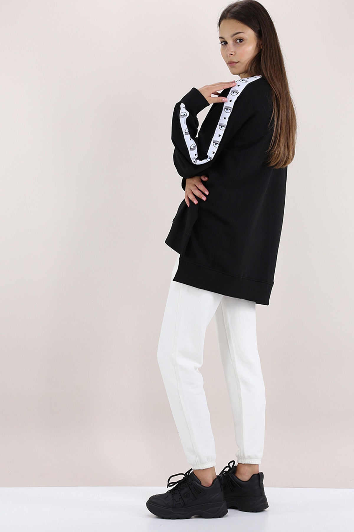 Chiara Ferragni Göz Logo Şeritli Geniş Kesim Sweatshirt-Libas Trendy Fashion Store