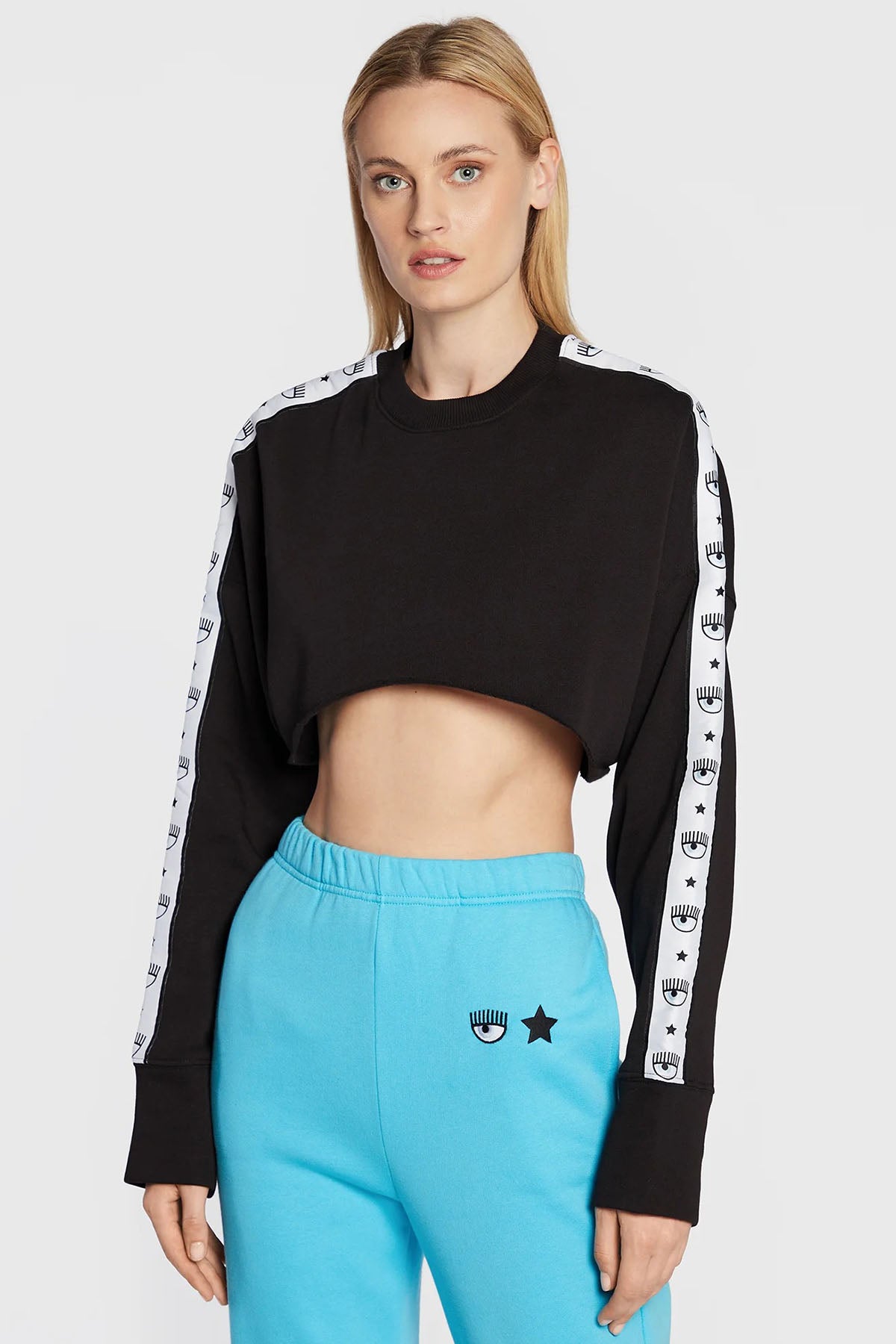 Chiara Ferragni Göz Logo Şeritli Crop Sweatshirt-Libas Trendy Fashion Store