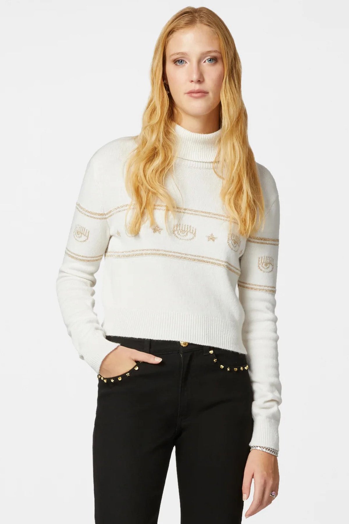 Chiara Ferragni Balıkçı Yaka Logolu Kaşmir Karışımlı Yün Örgü Triko-Libas Trendy Fashion Store