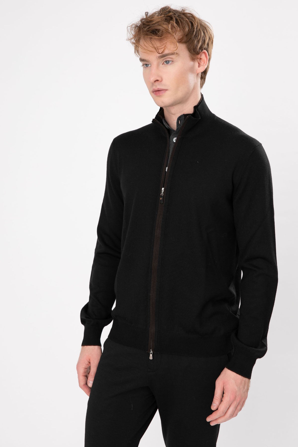 Gran Sasso Dik Yaka Fermuarlı Yün Triko Ceket-Libas Trendy Fashion Store