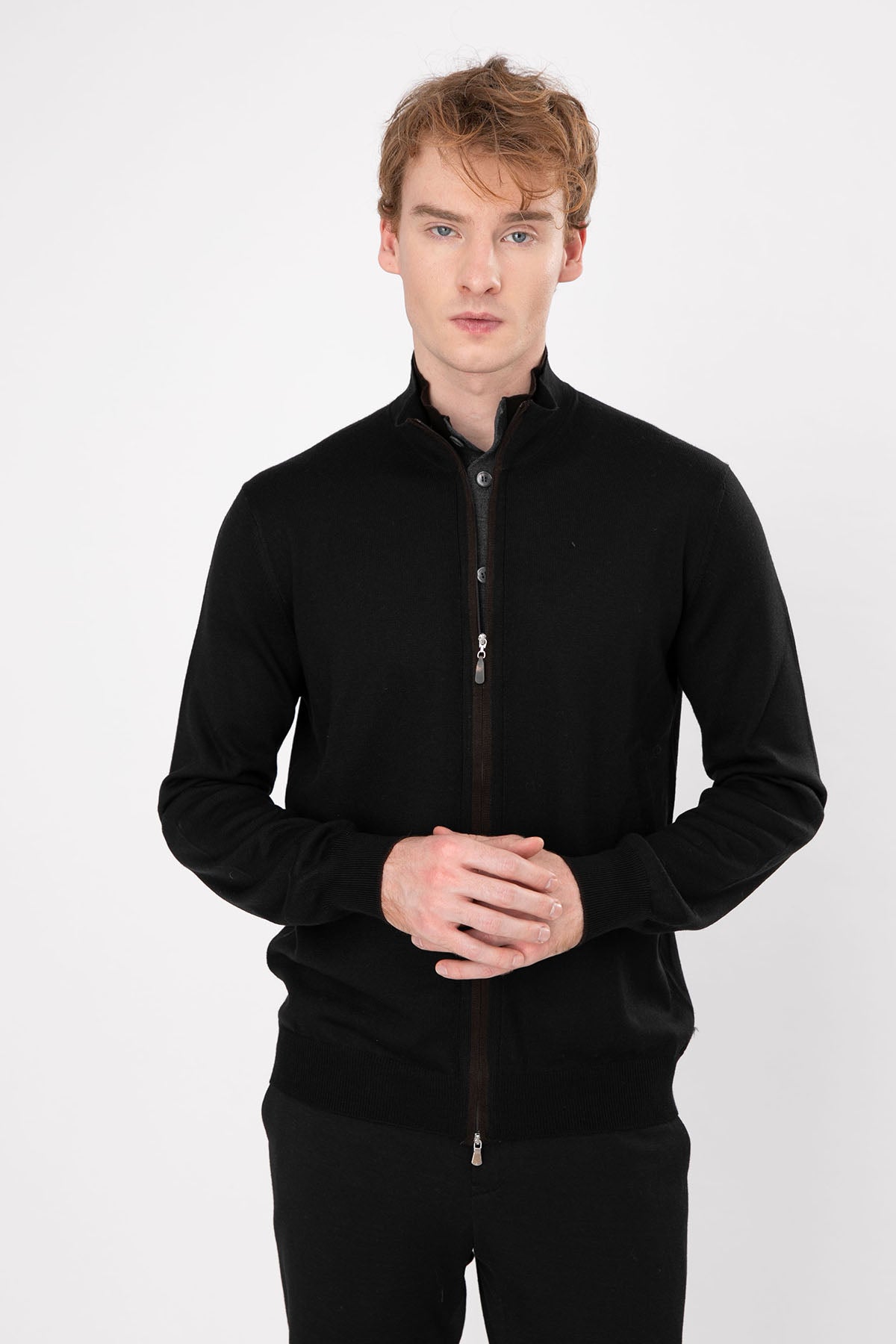 Gran Sasso Dik Yaka Fermuarlı Yün Triko Ceket-Libas Trendy Fashion Store