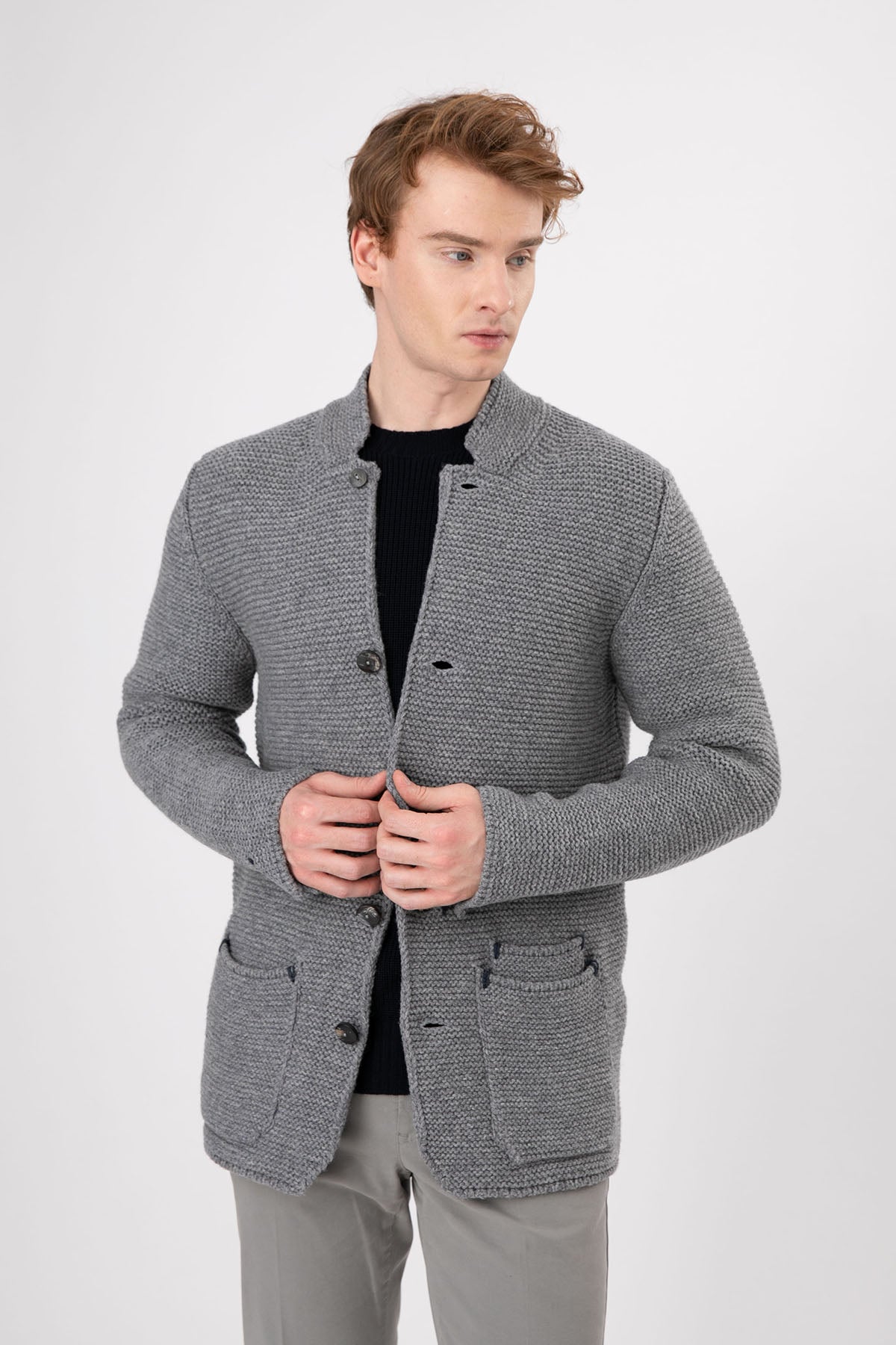 Gran Sasso Dik Yaka Kalın Örgü Yün Triko Ceket-Libas Trendy Fashion Store