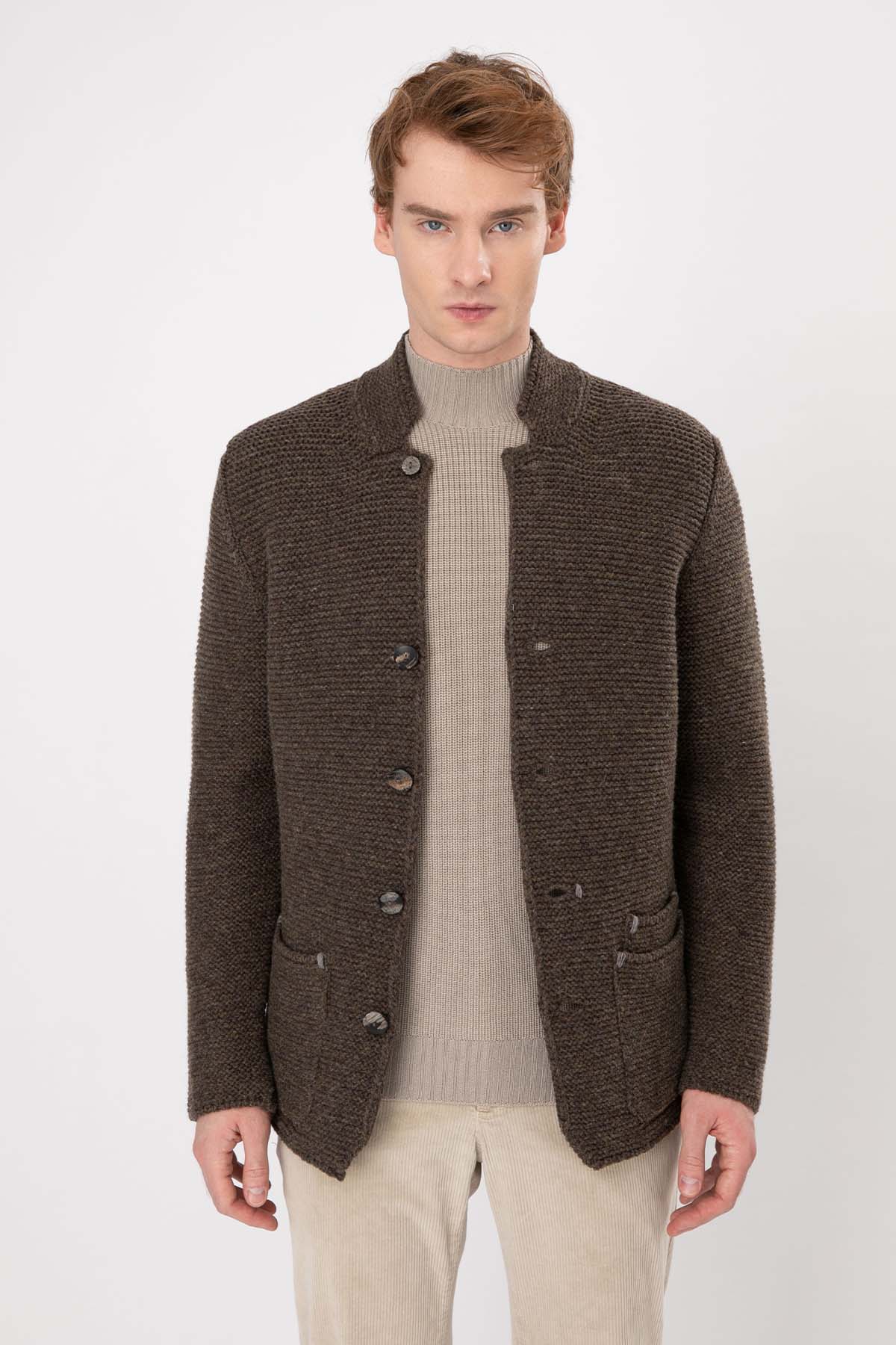 Gran Sasso Dik Yaka Kalın Örgü Yün Triko Ceket-Libas Trendy Fashion Store