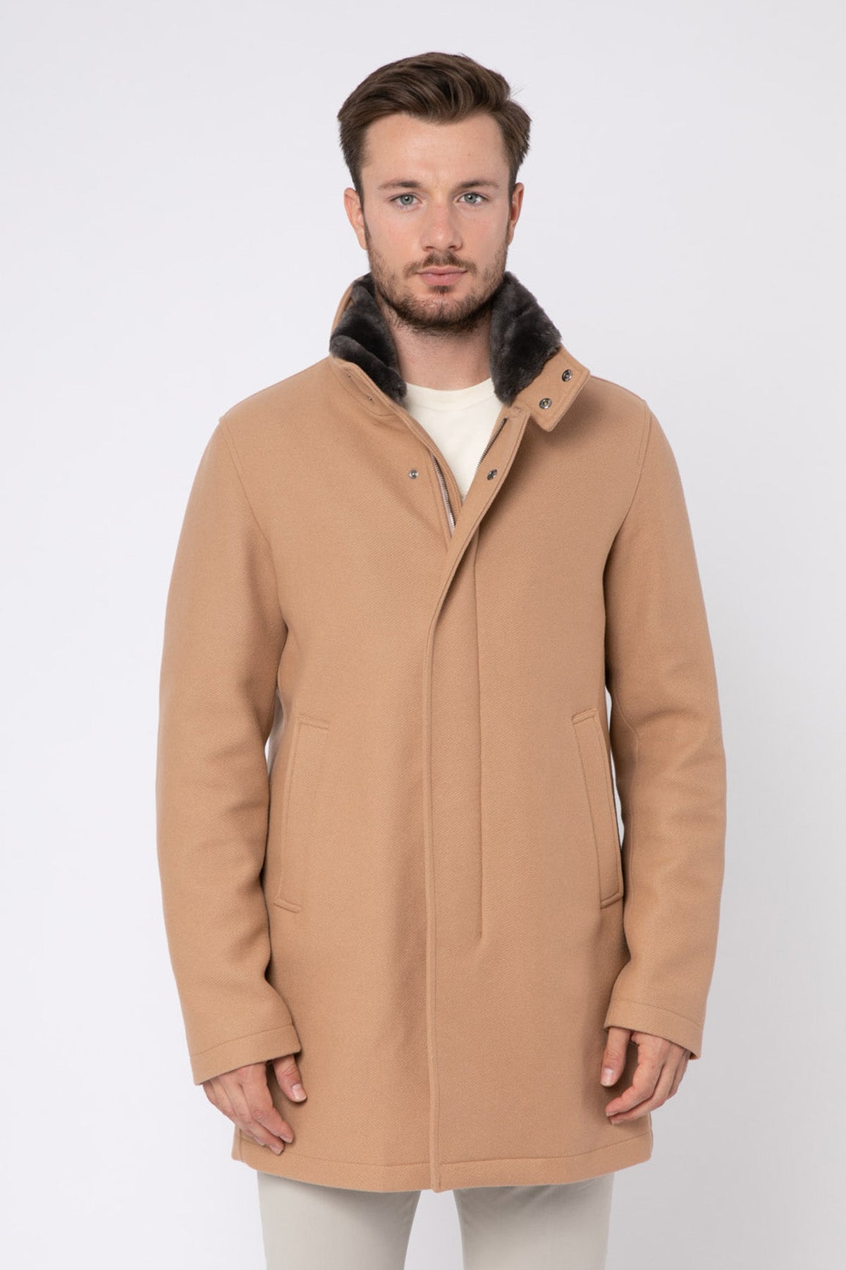 Herno Yakası Eko Kürklü Yün Kaban-Libas Trendy Fashion Store