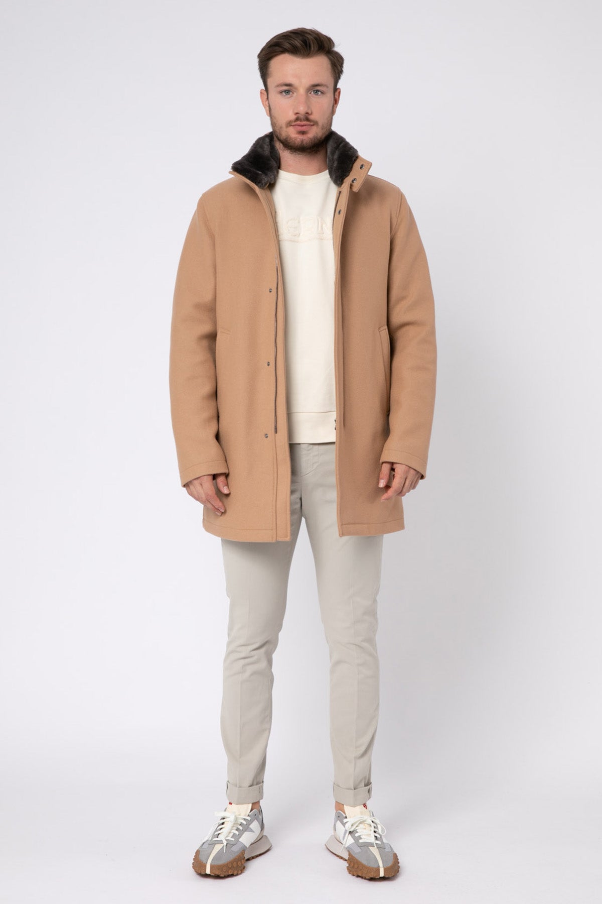 Herno Yakası Eko Kürklü Yün Kaban-Libas Trendy Fashion Store