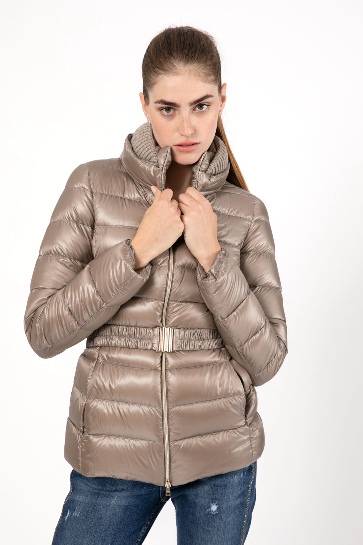 Herno Yakası Triko Detaylı Belden Kemerli Puffer Mont-Libas Trendy Fashion Store