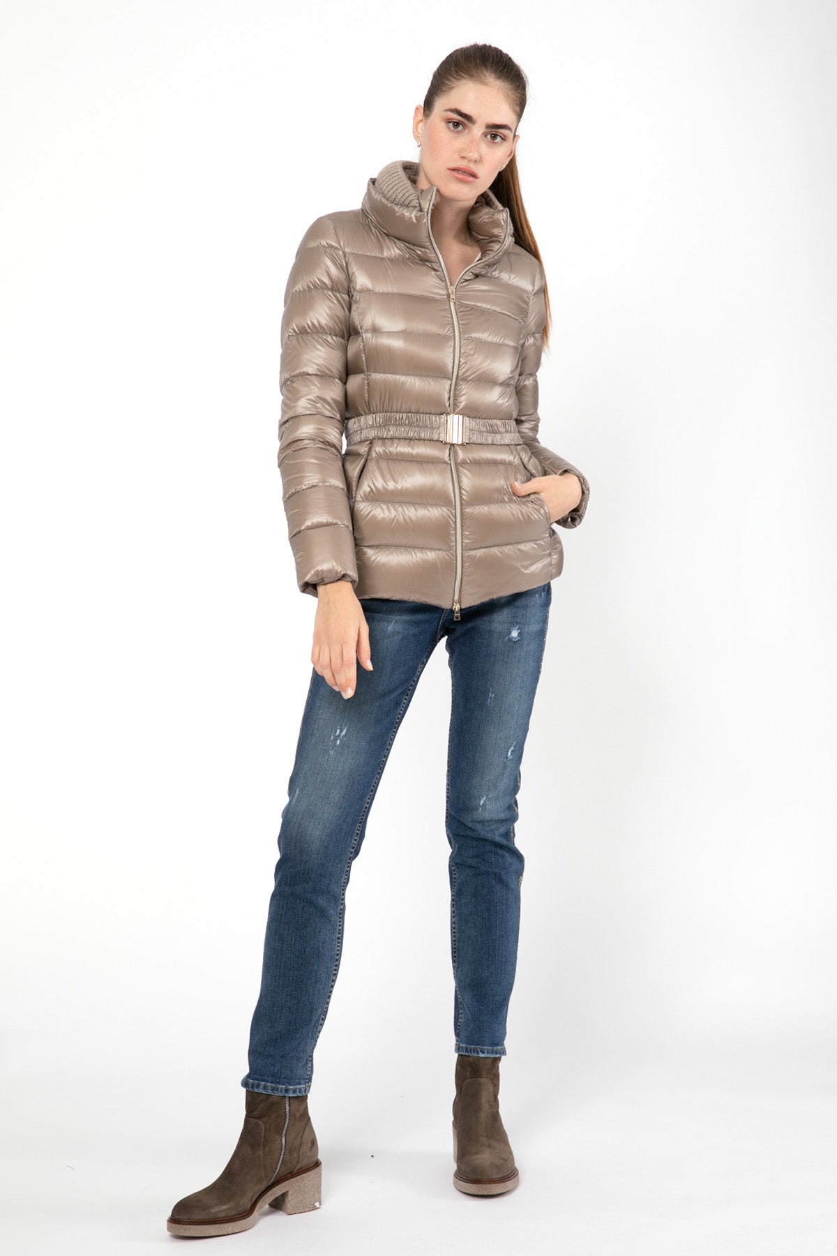 Herno Yakası Triko Detaylı Belden Kemerli Puffer Mont-Libas Trendy Fashion Store