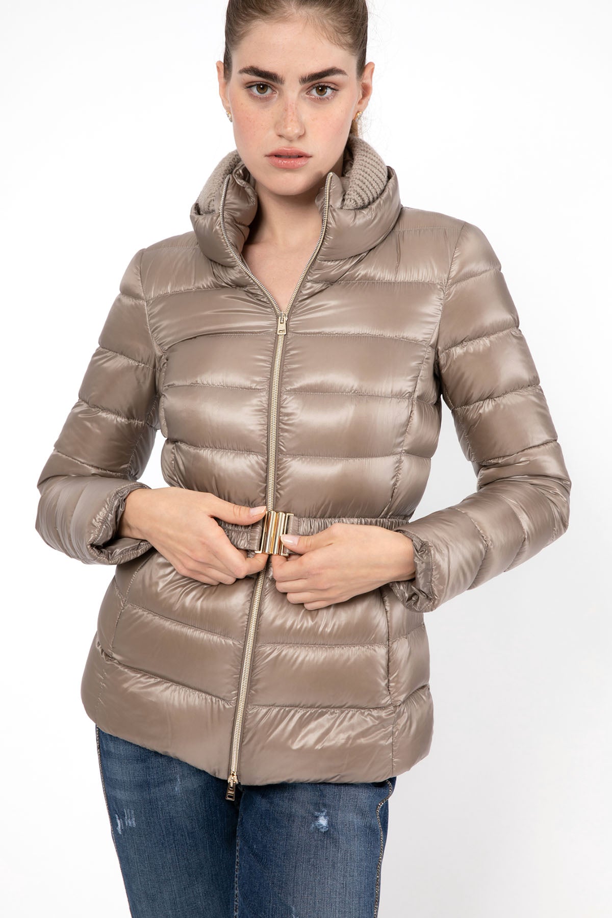 Herno Yakası Triko Detaylı Belden Kemerli Puffer Mont-Libas Trendy Fashion Store