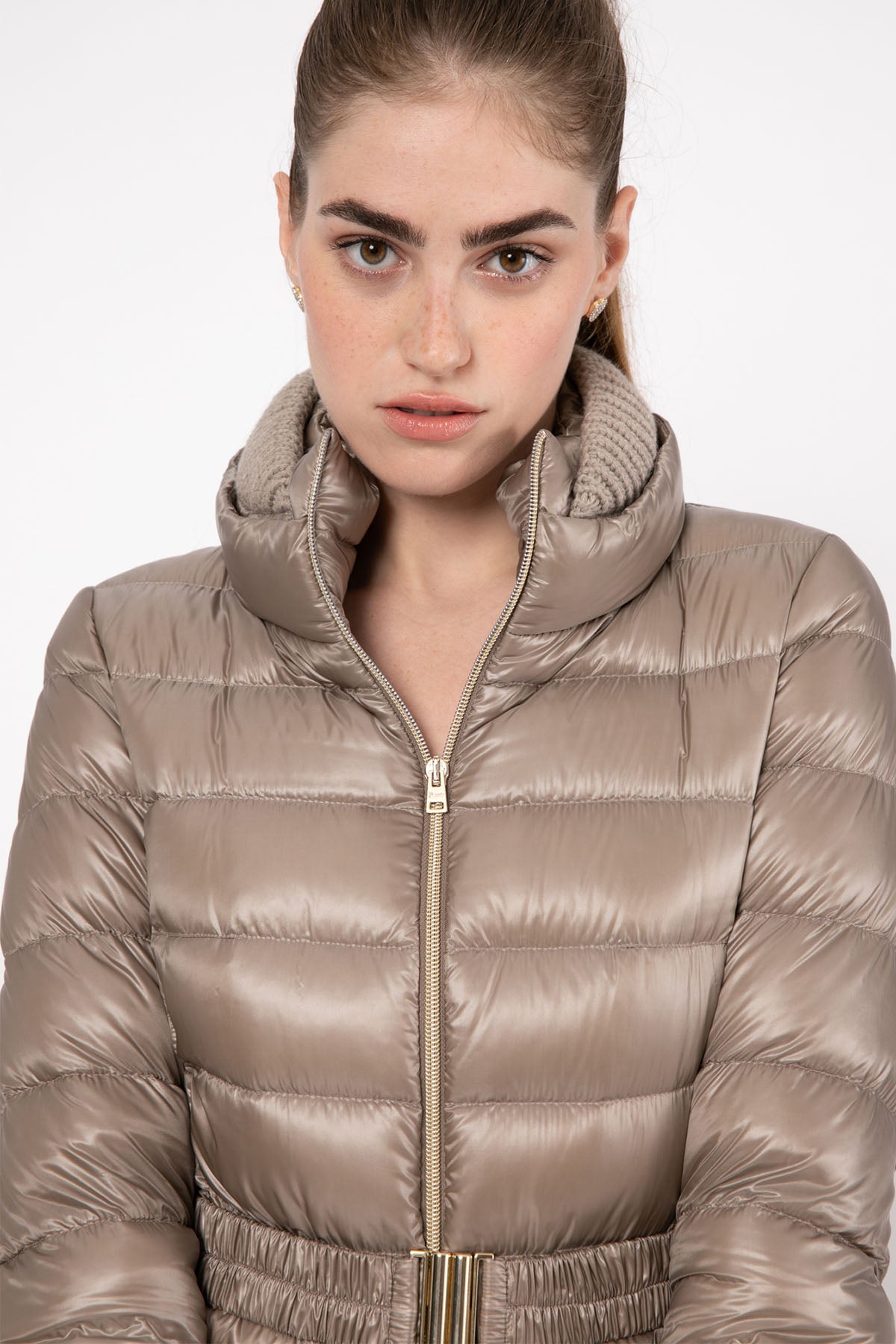 Herno Yakası Triko Detaylı Belden Kemerli Puffer Mont-Libas Trendy Fashion Store