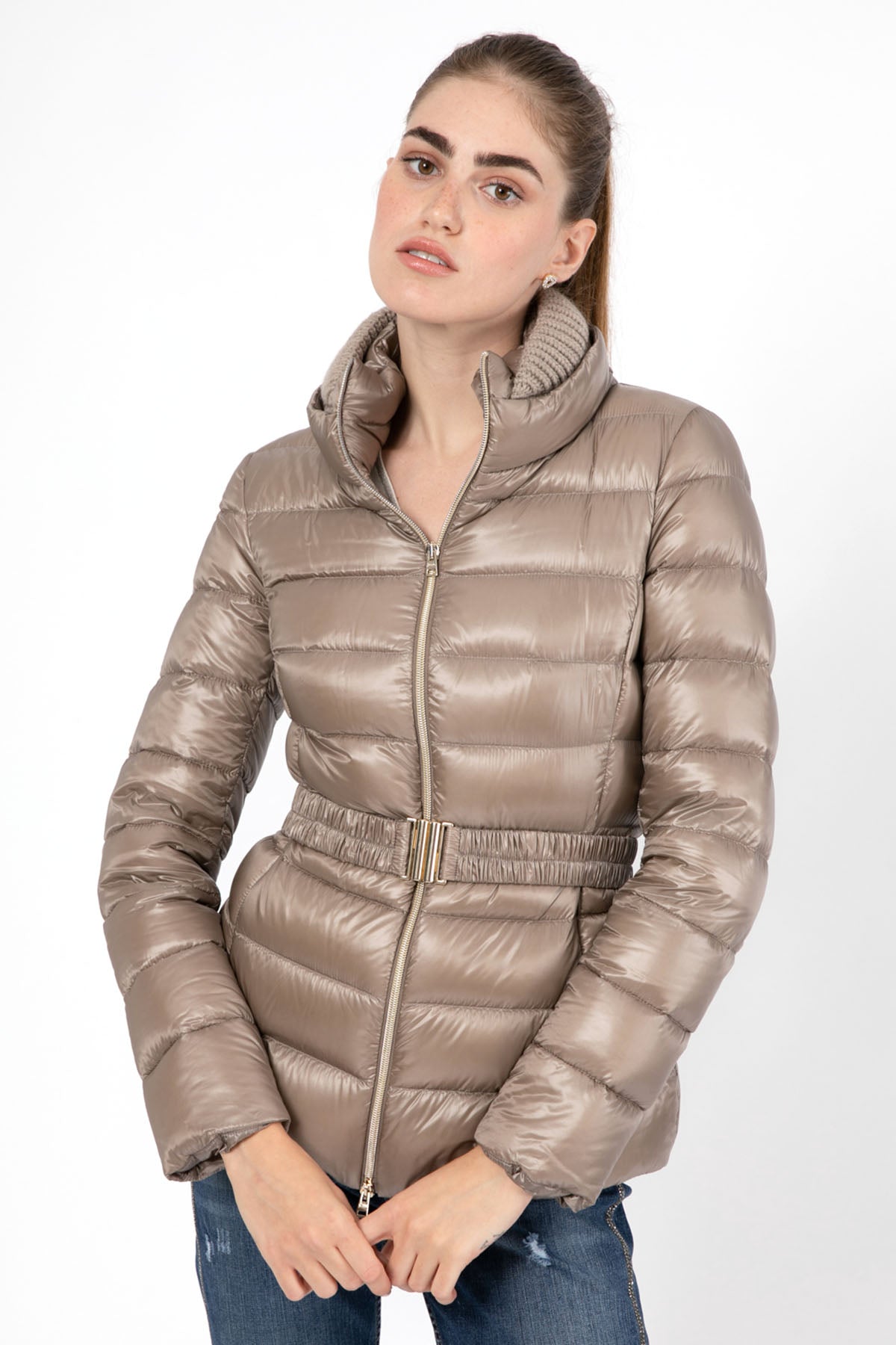 Herno Yakası Triko Detaylı Belden Kemerli Puffer Mont-Libas Trendy Fashion Store