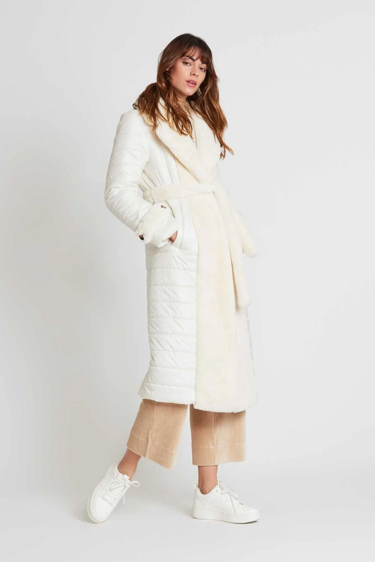 Rene Derhy Kuşaklı Puffer Kürk Kombinasyonlu Manto-Libas Trendy Fashion Store