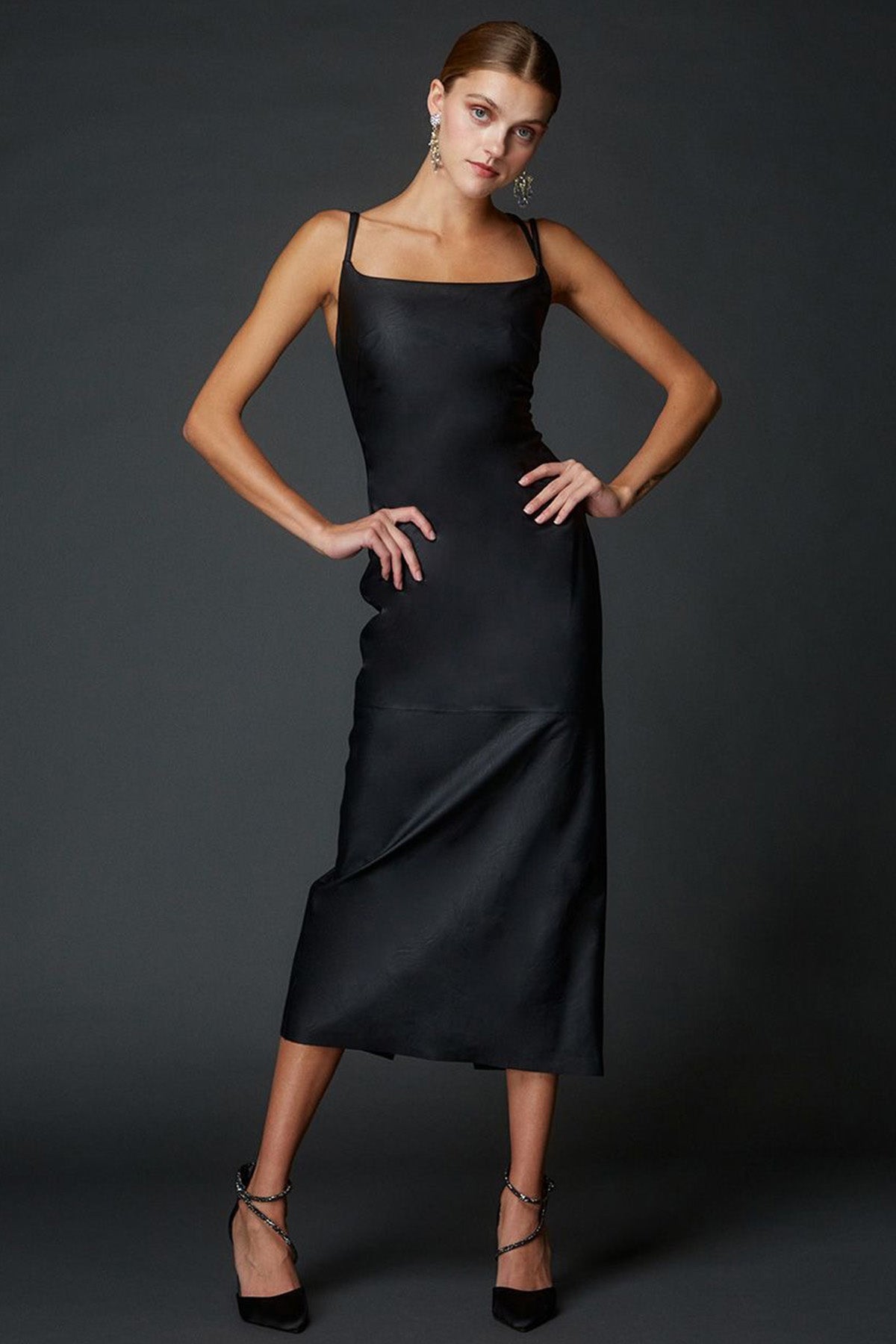 Bsb Sırt Dekolteli Midi Deri Elbise-Libas Trendy Fashion Store