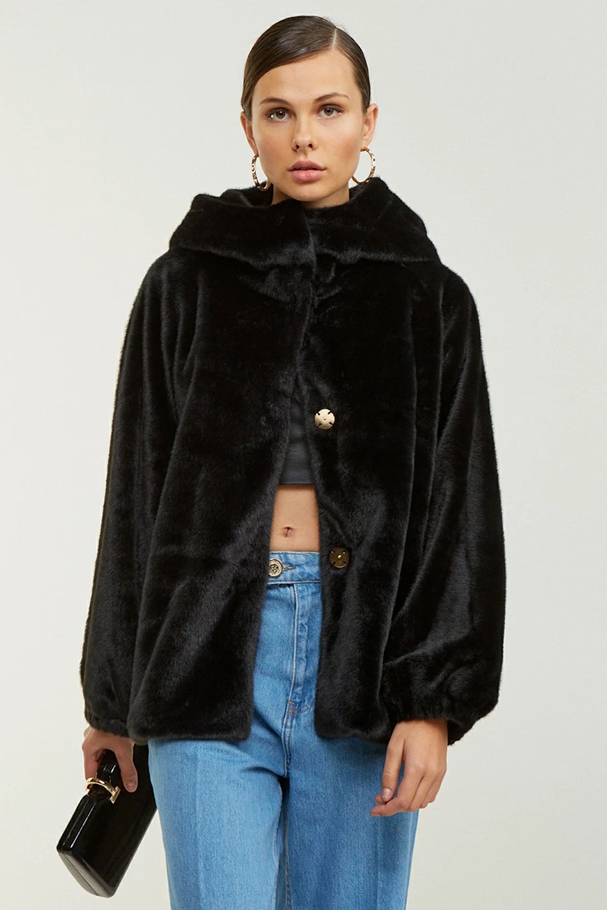 Lynne Kapüşonlu Peluş Kısa Kaban-Libas Trendy Fashion Store