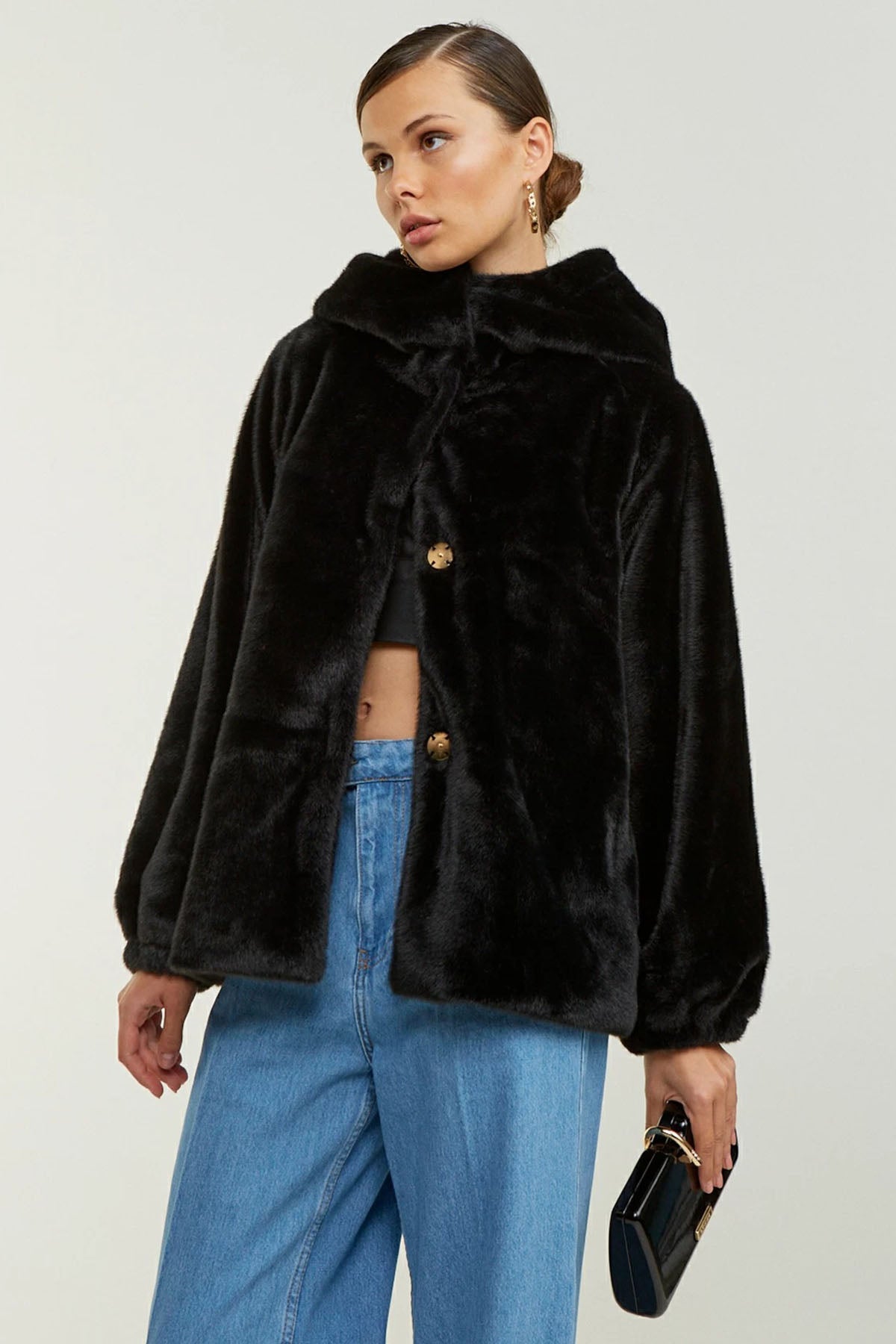 Lynne Kapüşonlu Peluş Kısa Kaban-Libas Trendy Fashion Store