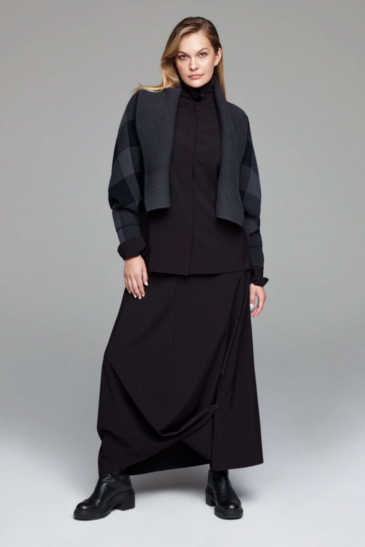 Sarah Pacini Şal Yaka Ekoseli Triko Ceket-Libas Trendy Fashion Store