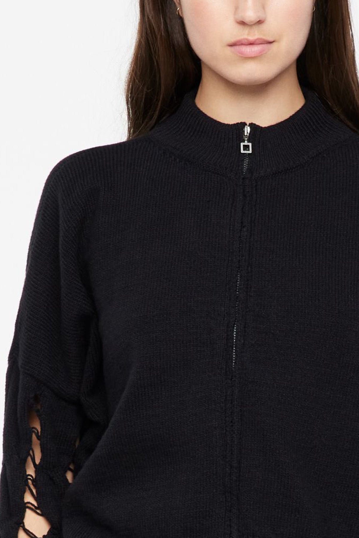 Sarah Pacini Dik Yaka Yırtık Detaylı Fermuarlı Triko Ceket-Libas Trendy Fashion Store