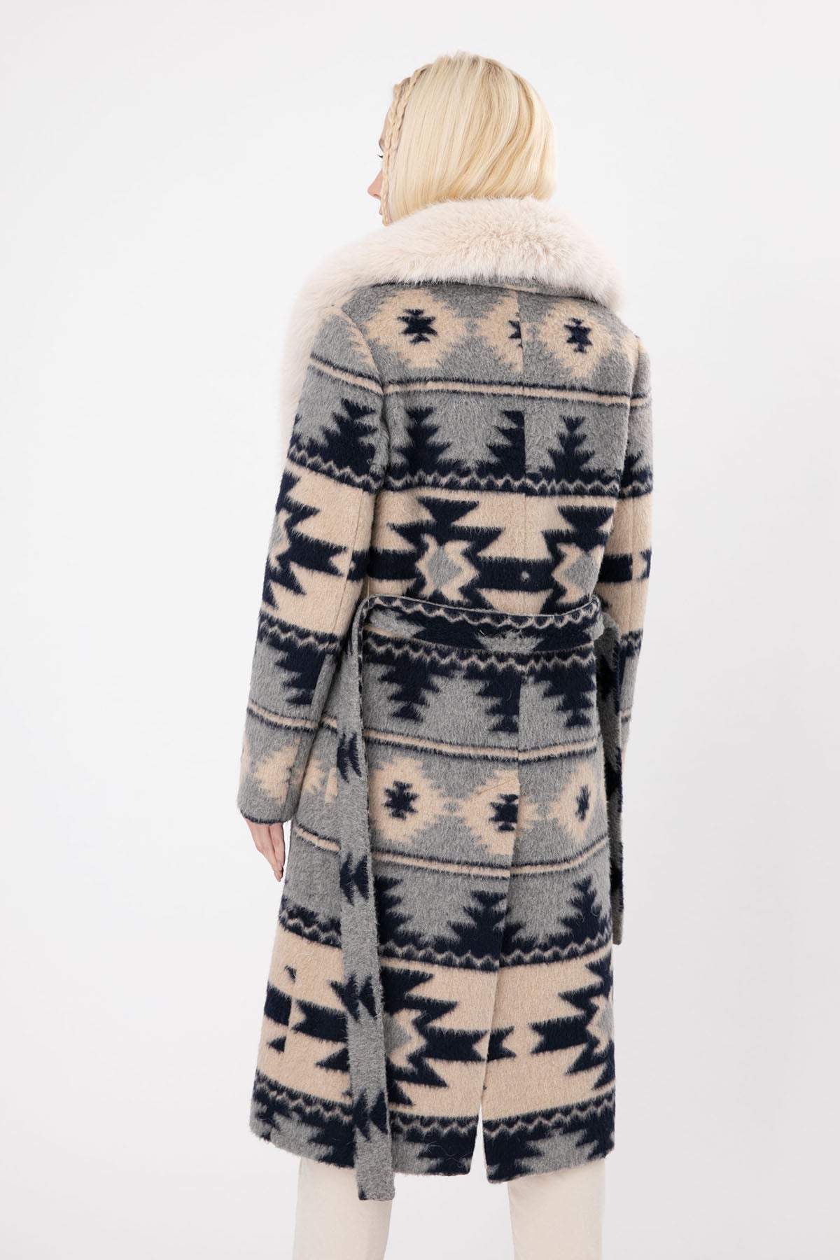 Ava Adore Etnik Desenli Kürklü Kuşaklı Manto-Libas Trendy Fashion Store