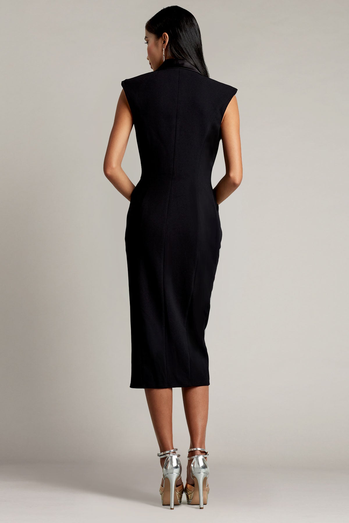 Tadashi Shoji Geniş Saten Yaka Midi Abiye Elbise-Libas Trendy Fashion Store