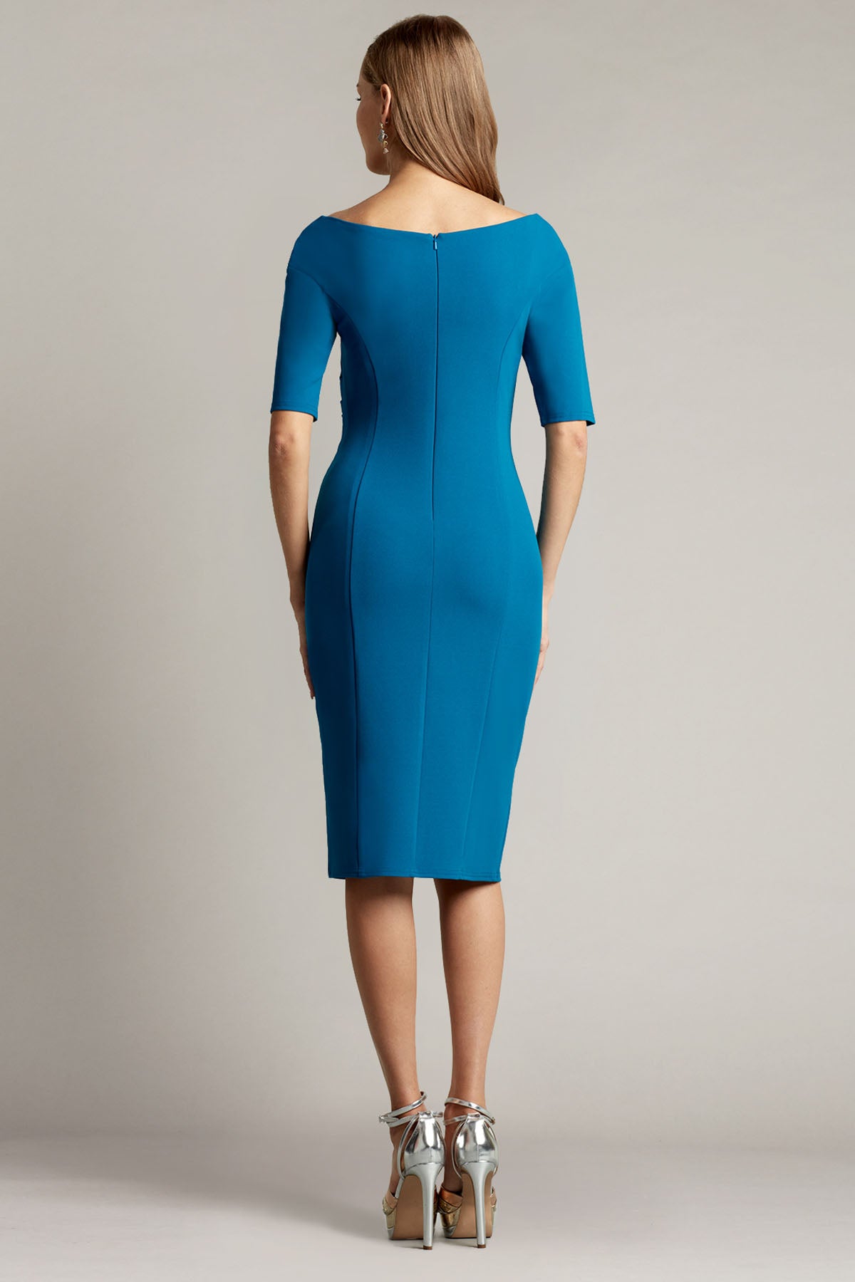 Tadashi Shoji V Yaka Drapeli Midi Abiye Elbise-Libas Trendy Fashion Store