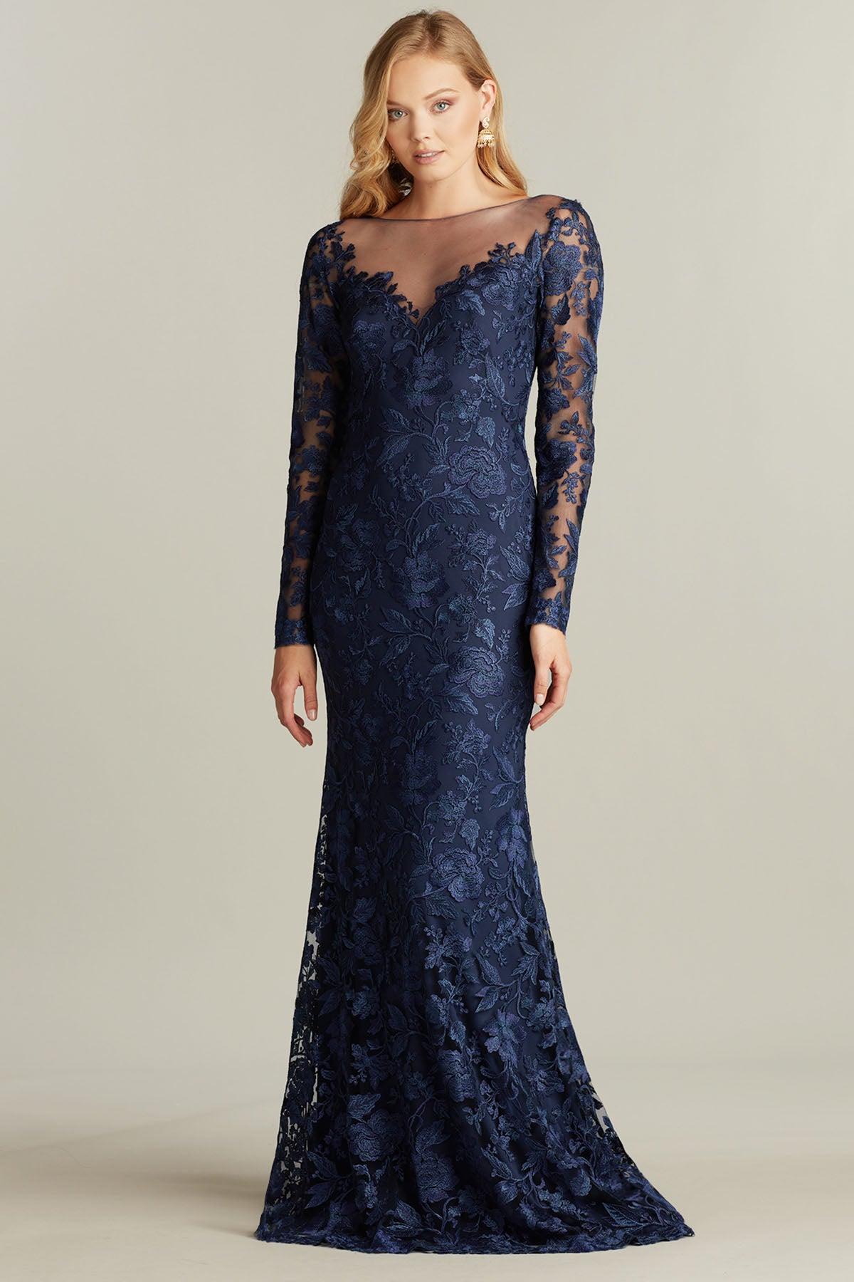 Tadashi Shoji Tül Detaylı Uzun Kollu Maxi Abiye Elbise-Libas Trendy Fashion Store