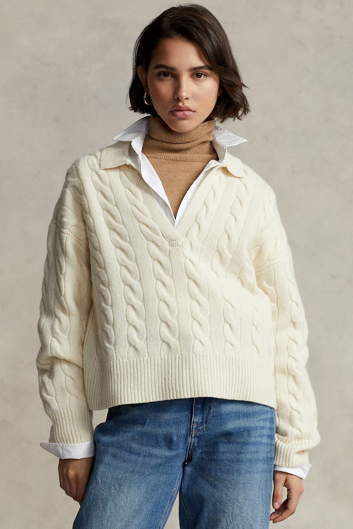 Polo Ralph Lauren Geniş Kesim V Yaka Kaşmirli Saç Örgü Triko-Libas Trendy Fashion Store