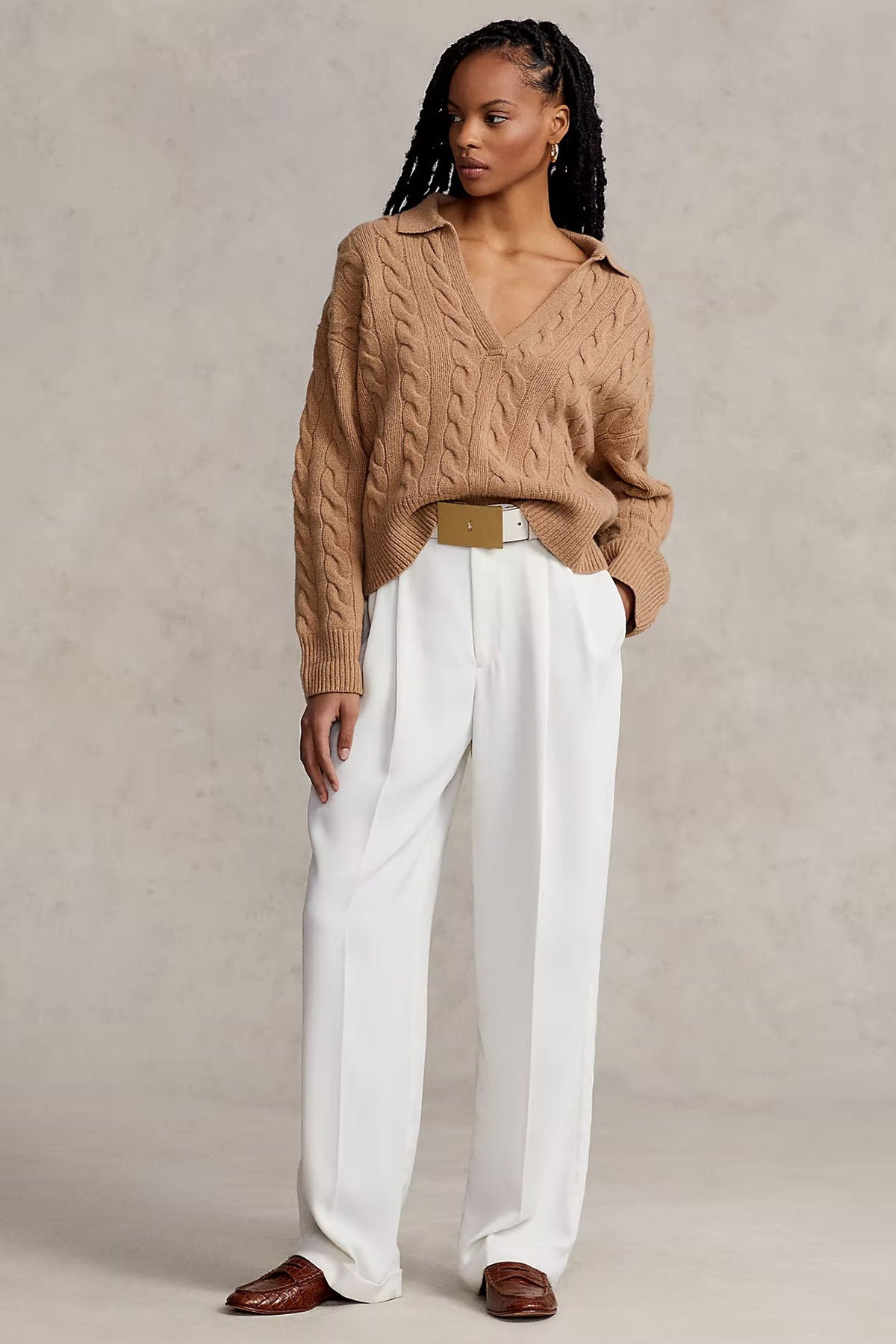 Polo Ralph Lauren Geniş Kesim V Yaka Kaşmirli Saç Örgü Triko-Libas Trendy Fashion Store