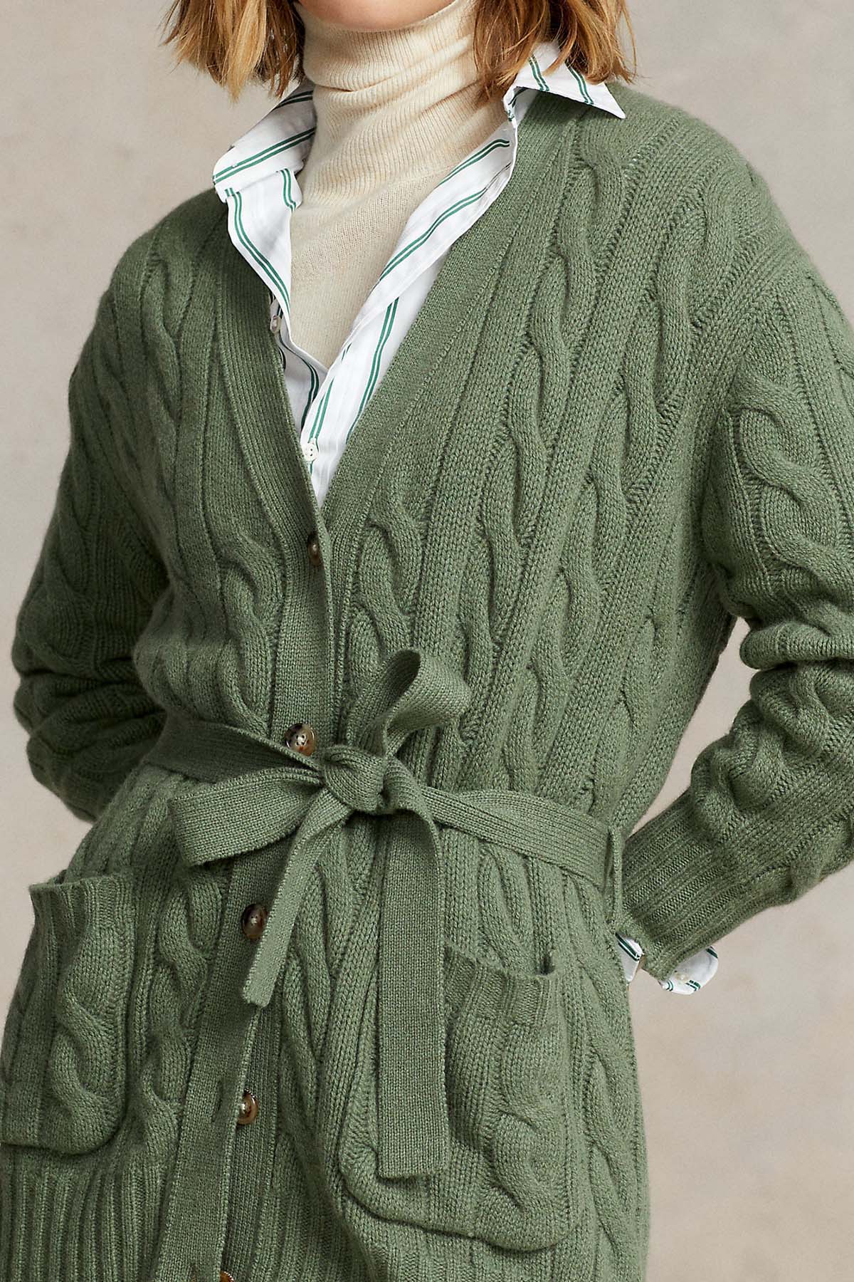 Polo Ralph Lauren Kuşaklı Saç Örgü Kaşmirli Yün Triko Ceket-Libas Trendy Fashion Store