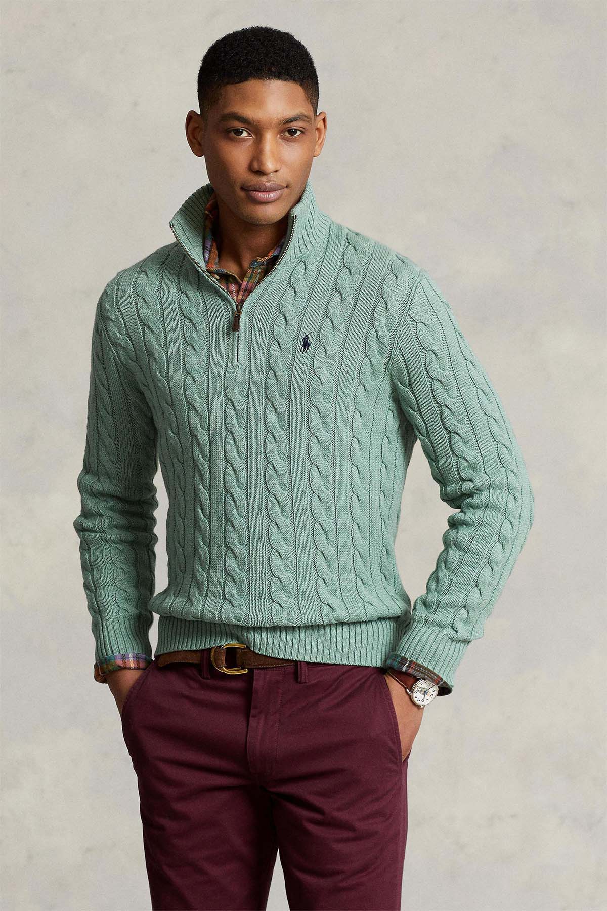 Polo Ralph Lauren Yarım Fermuarlı Dik Yaka Saç Örgü Triko-Libas Trendy Fashion Store