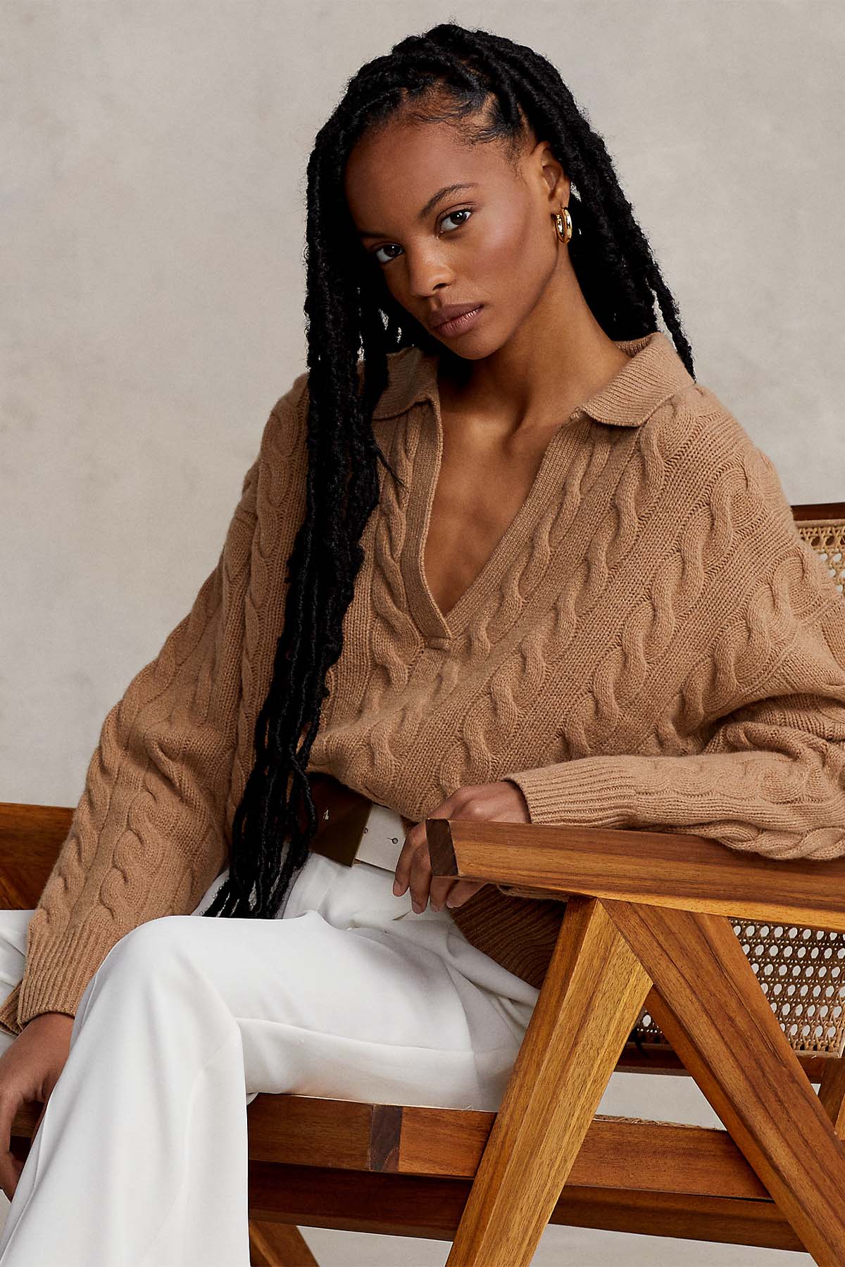 Polo Ralph Lauren Geniş Kesim V Yaka Kaşmirli Saç Örgü Triko-Libas Trendy Fashion Store