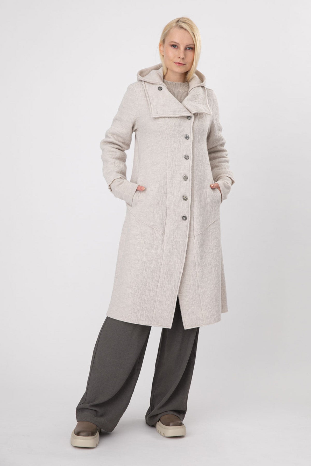 Transit Kapüşonlu Kruvaze Yün Kaban-Libas Trendy Fashion Store