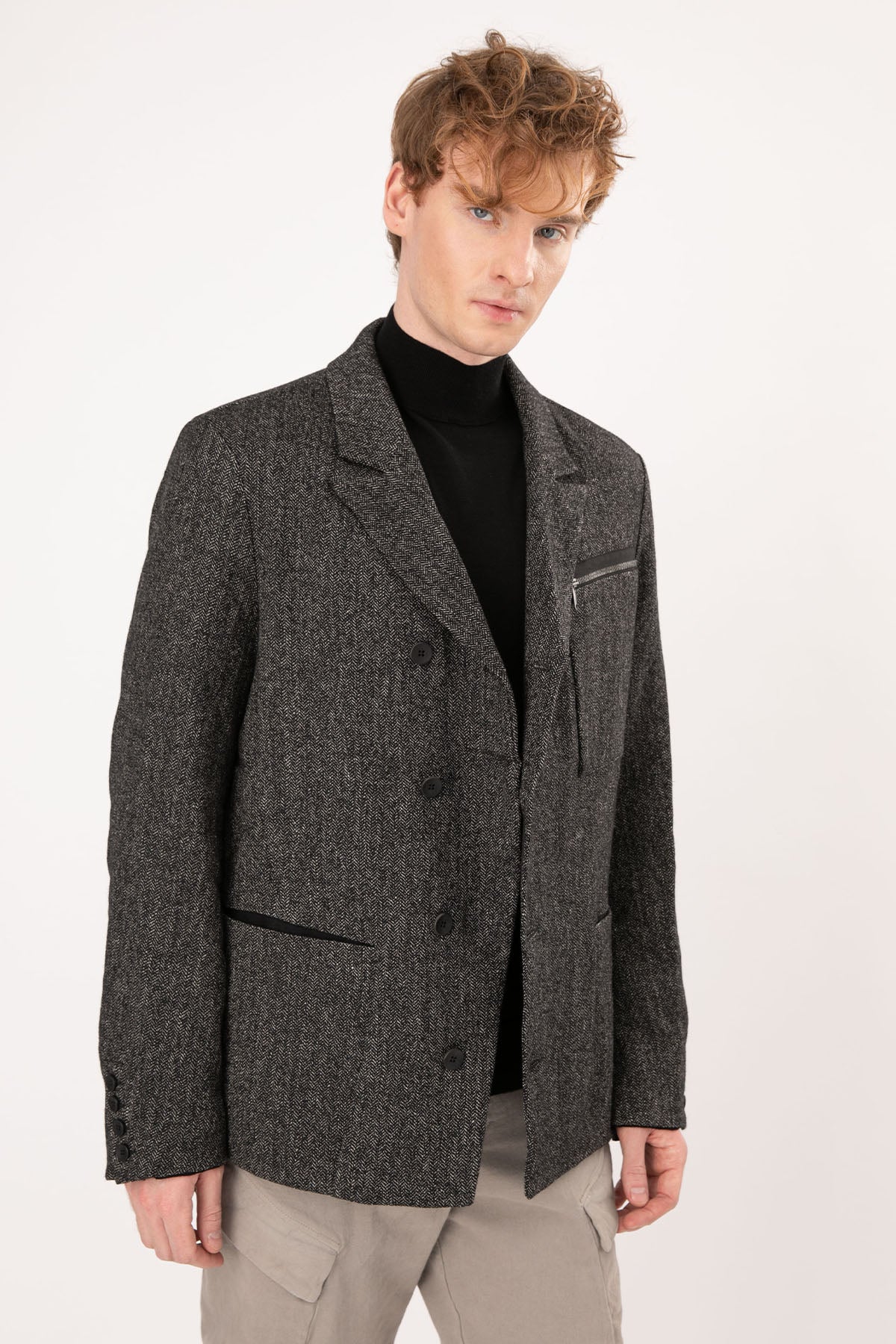 Transit Balıksırtı Desenli Kruvaze Yün Keten Ceket-Libas Trendy Fashion Store