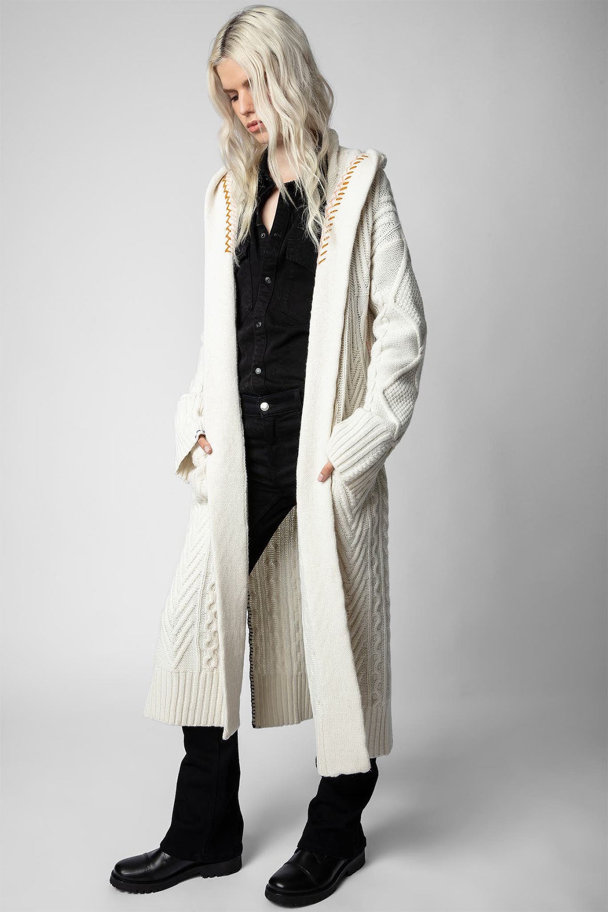 Zadig & Voltaire Kapüşonlu Kuşaklı Yün Örgü Uzun Triko Ceket-Libas Trendy Fashion Store