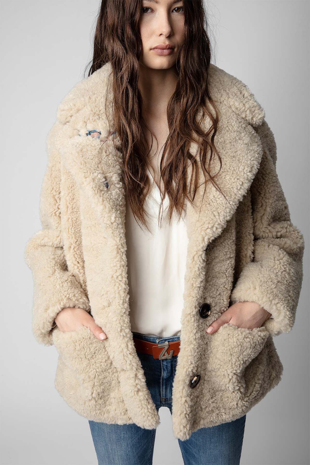 Zadig & Voltaire Çiçek Nakışlı Kuru Kafa Desenli Peluş Kaban-Libas Trendy Fashion Store