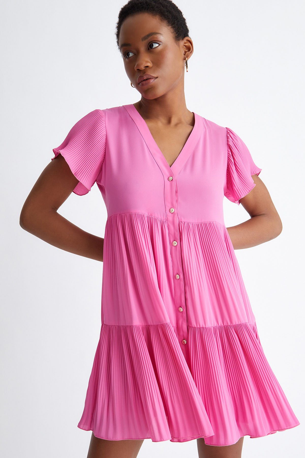 Liu Jo V Yaka Piliseli Mini Elbise-Libas Trendy Fashion Store