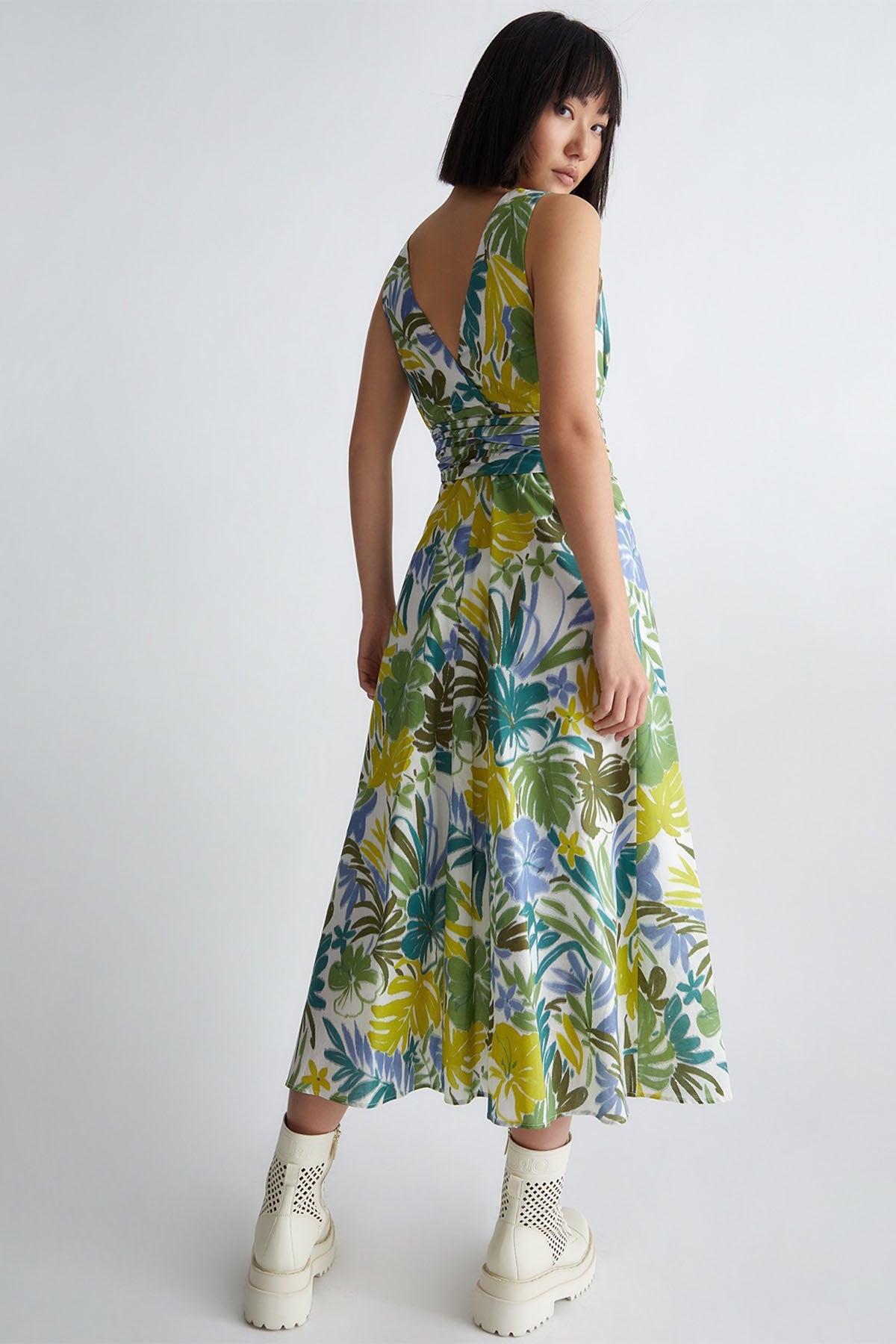 Liu Jo Desenli V Yaka Belden Kuşaklı Midi Elbise-Libas Trendy Fashion Store