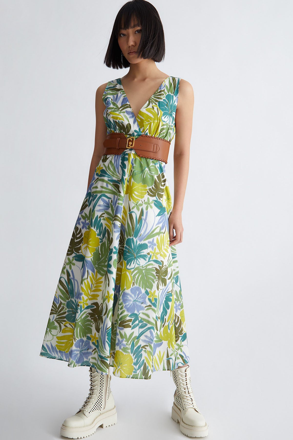 Liu Jo Desenli V Yaka Belden Kuşaklı Midi Elbise-Libas Trendy Fashion Store