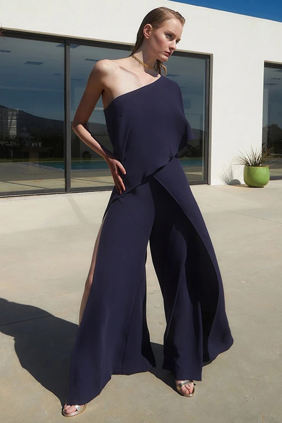 Bsb Tek Omuz Bacak Yırtmaçlı Abiye Tulum-Libas Trendy Fashion Store