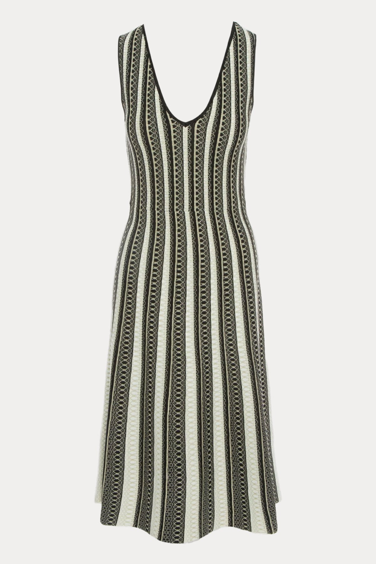 Lynne V Yaka Çizgili Kolsuz Midi Elbise-Libas Trendy Fashion Store