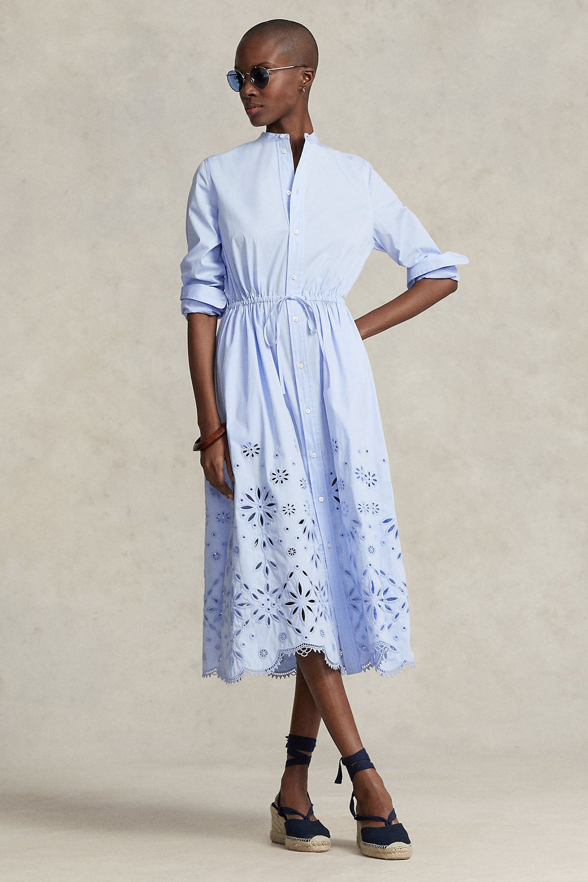 Polo Ralph Lauren Hakim Yaka Nakış Detaylı Lazer Kesim Midi Elbise-Libas Trendy Fashion Store