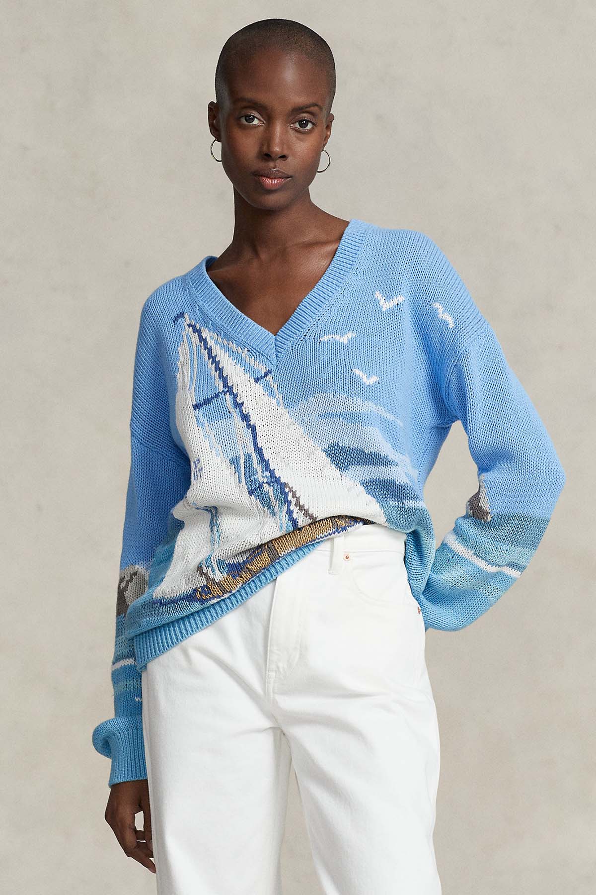 Polo Ralph Lauren Ketenli Geniş Kesim Yelken Temalı V Yaka Triko-Libas Trendy Fashion Store