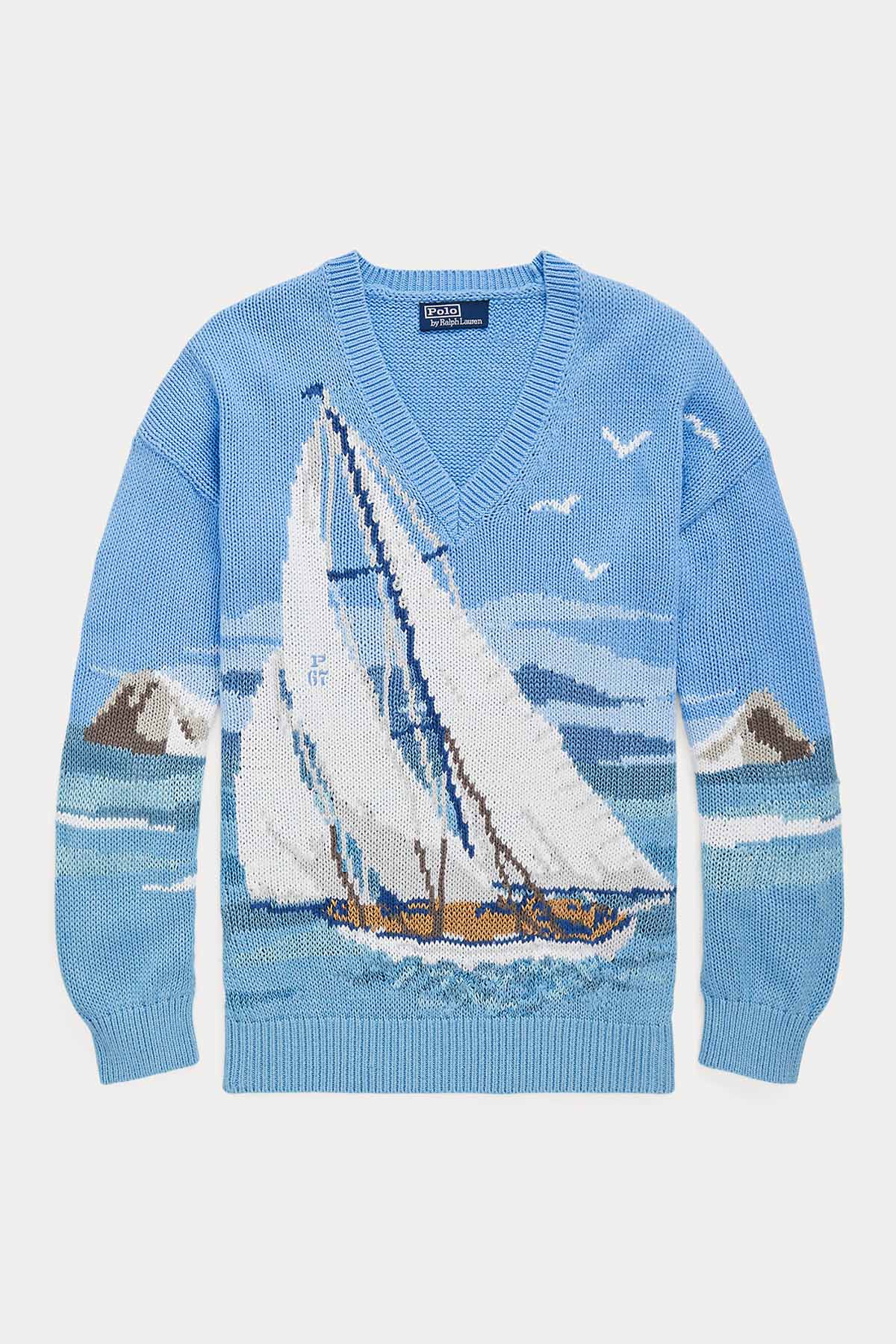 Polo Ralph Lauren Ketenli Geniş Kesim Yelken Temalı V Yaka Triko-Libas Trendy Fashion Store