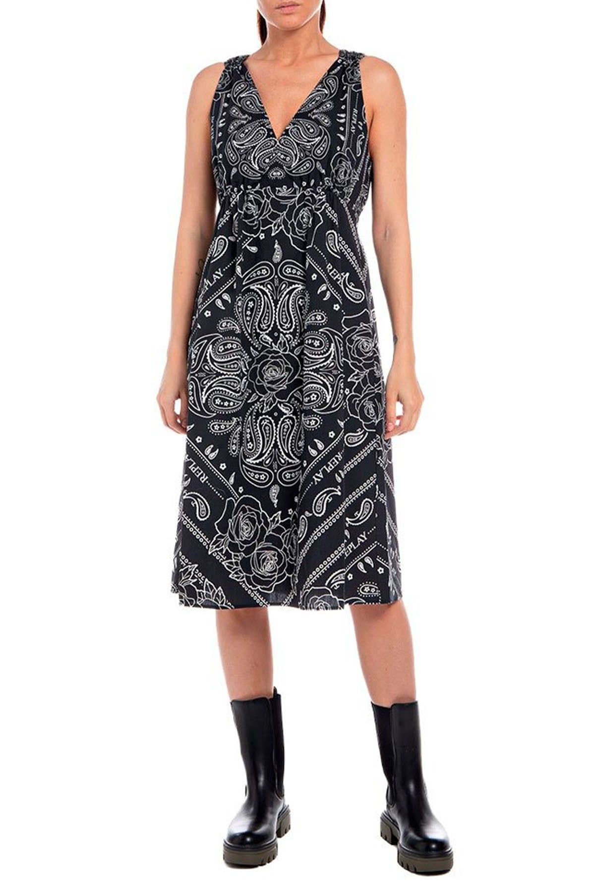 Replay V Yaka Belden Büzgülü Midi Elbise-Libas Trendy Fashion Store