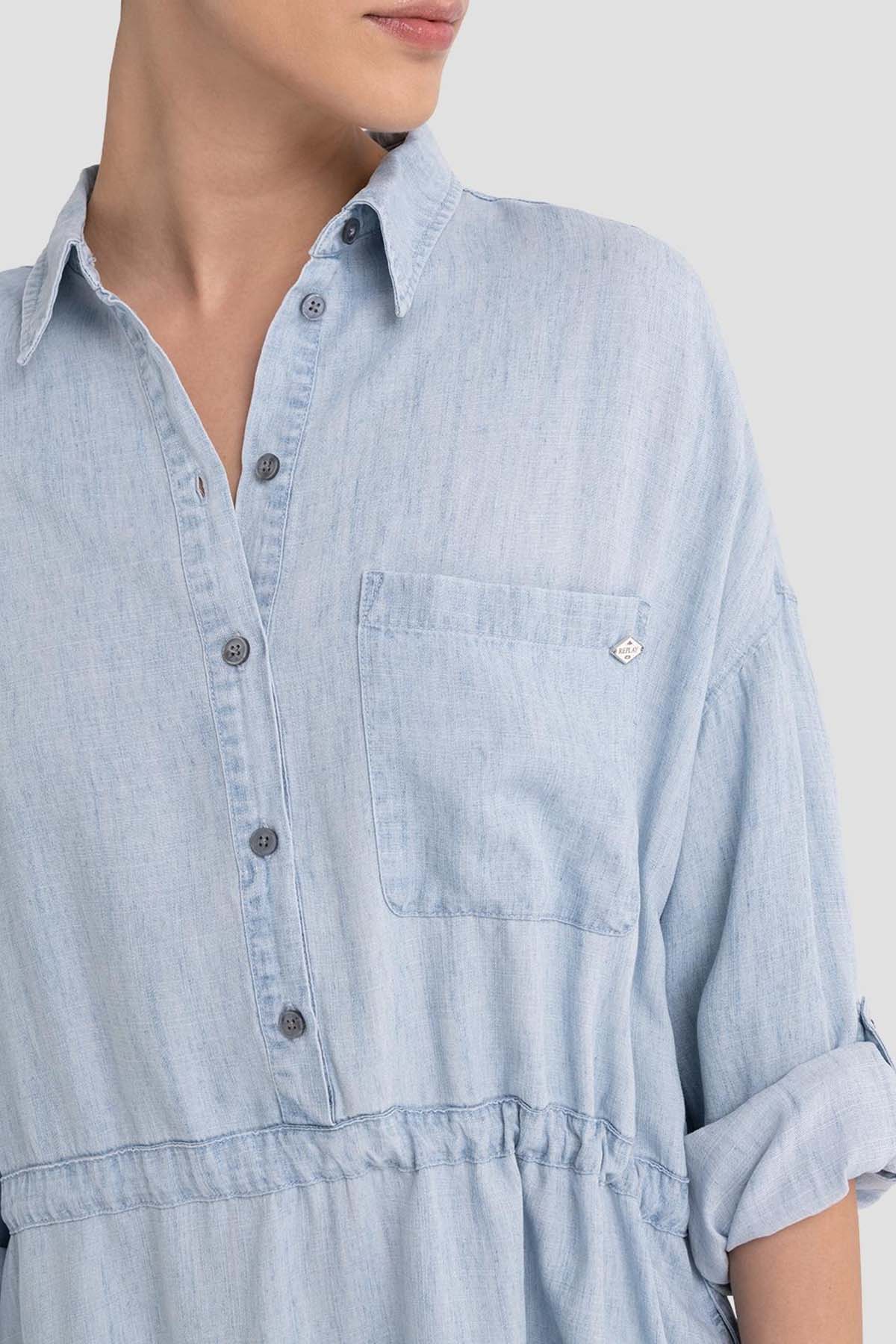 Replay Geniş Kesim Belden Büzgülü Denim Gömlek Elbise-Libas Trendy Fashion Store
