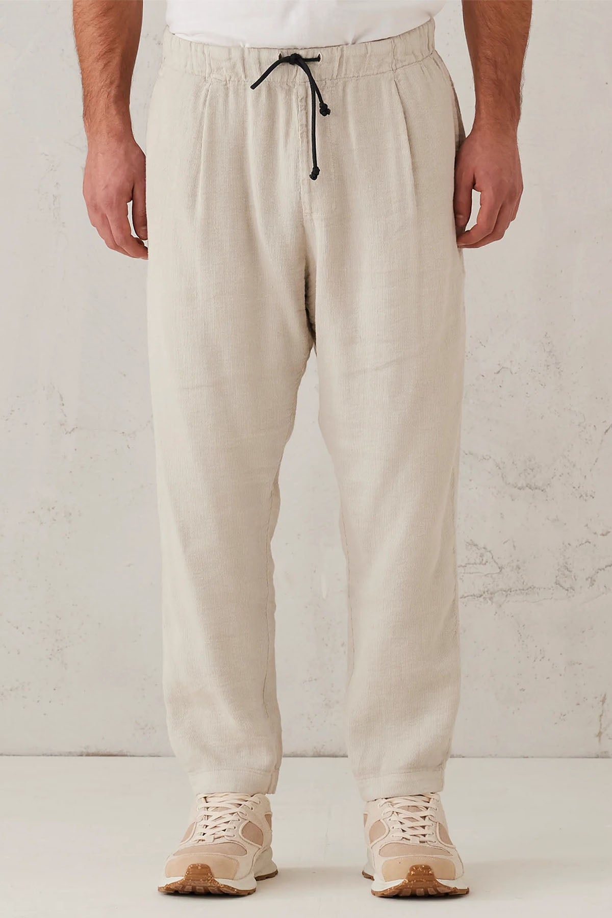 Transit Tek Pile Beli Lastikli Streç Keten Pantolon