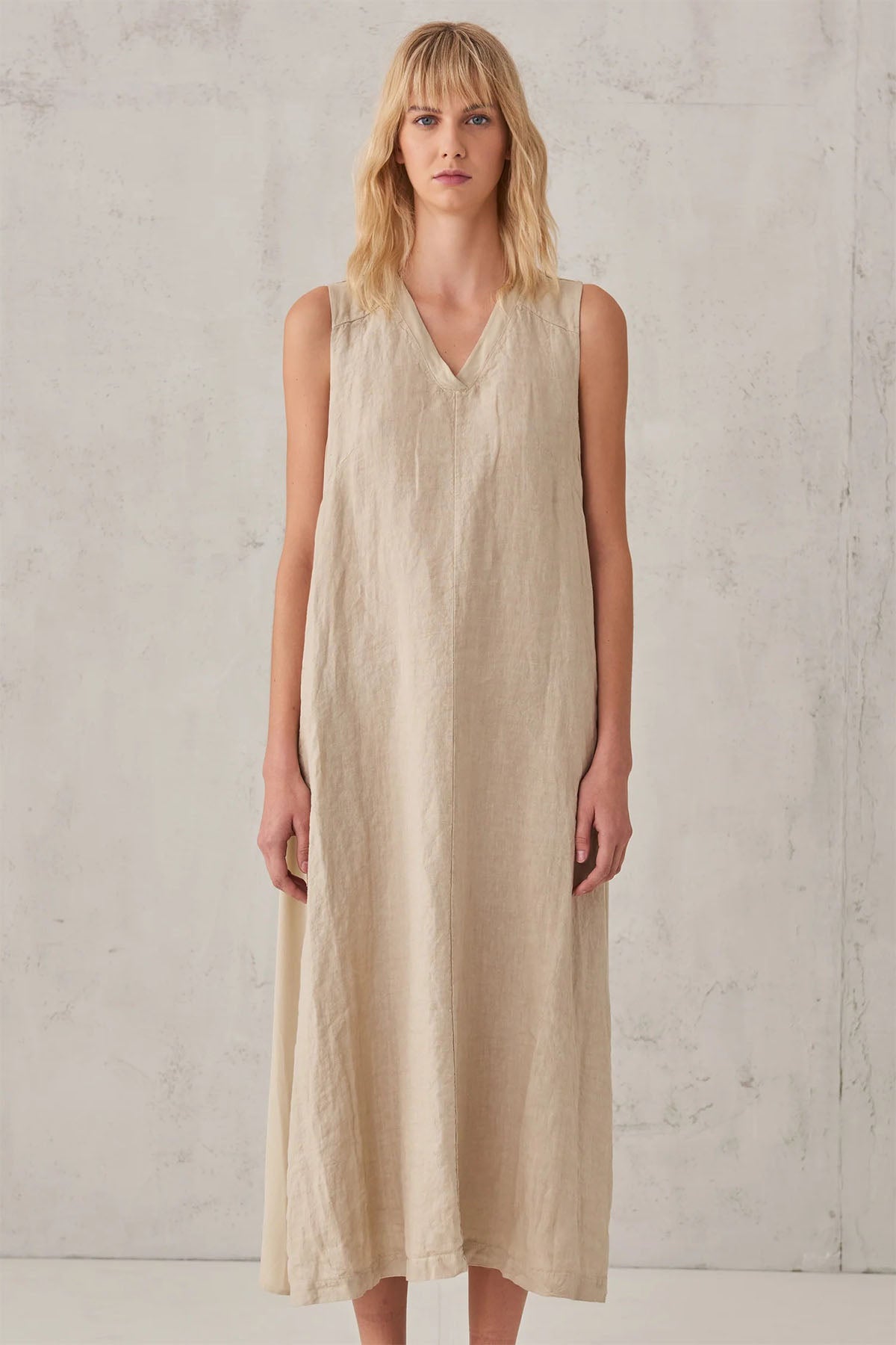 Transit V Yaka Midi Keten Elbise-Libas Trendy Fashion Store