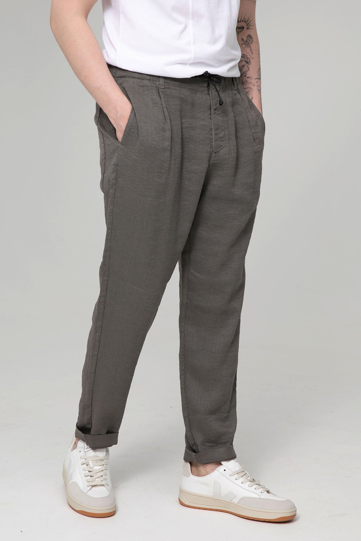 Transit Tek Pile Beli Lastikli Streç Keten Pantolon