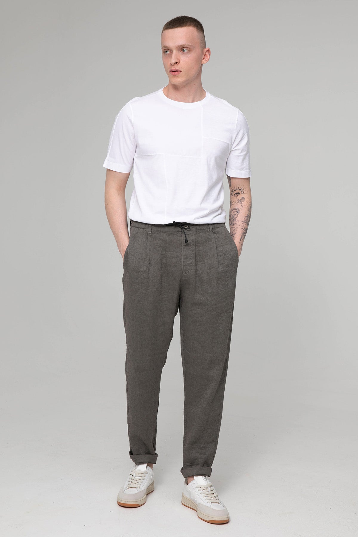 Transit Tek Pile Beli Lastikli Streç Keten Pantolon